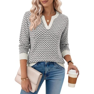 Zeagoo Womens V Neck Sweaters 2026 Fall Long Sleeve Pullover Tops Business Casual Outfits(Black White Stripes)