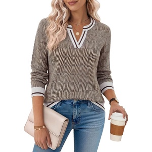 Zeagoo Womens V Neck Sweaters 2026 Fall Long Sleeve Pullover Tops Business Casual Outfits(White Brown Twill)