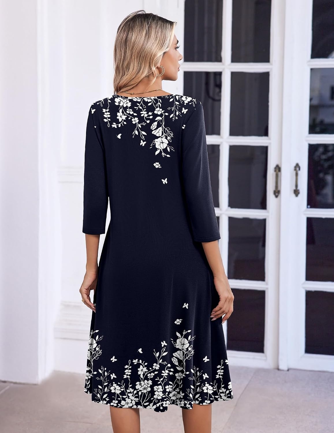 image:imageZeagoo 34 Sleeve Womens Dress Pleated Midi Casual Dresses with PocketsBlue Print