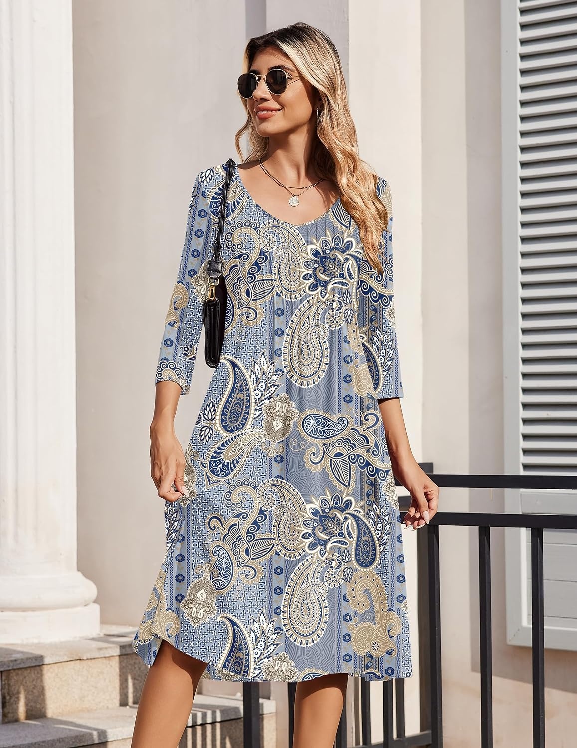 image:imageZeagoo 34 Sleeve Womens Dress Pleated Midi Casual Dresses with PocketsEthnic Blue