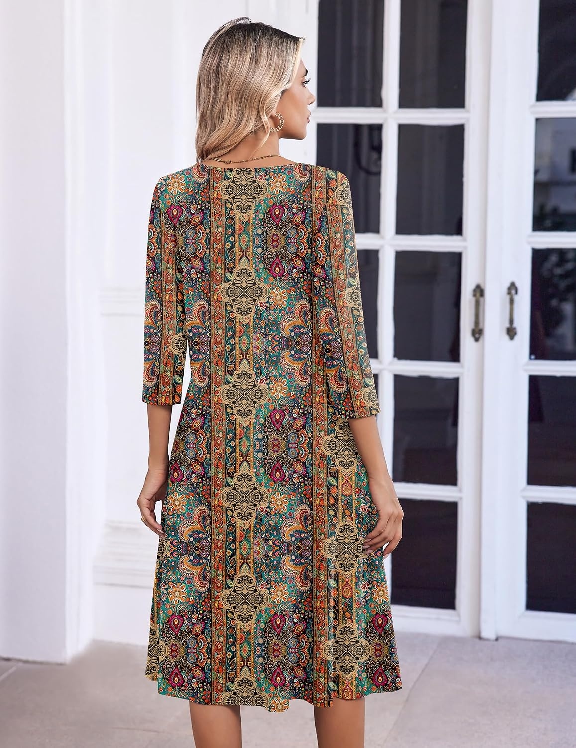 image:imageZeagoo 34 Sleeve Womens Dress Pleated Midi Casual Dresses with PocketsEthnic Prints