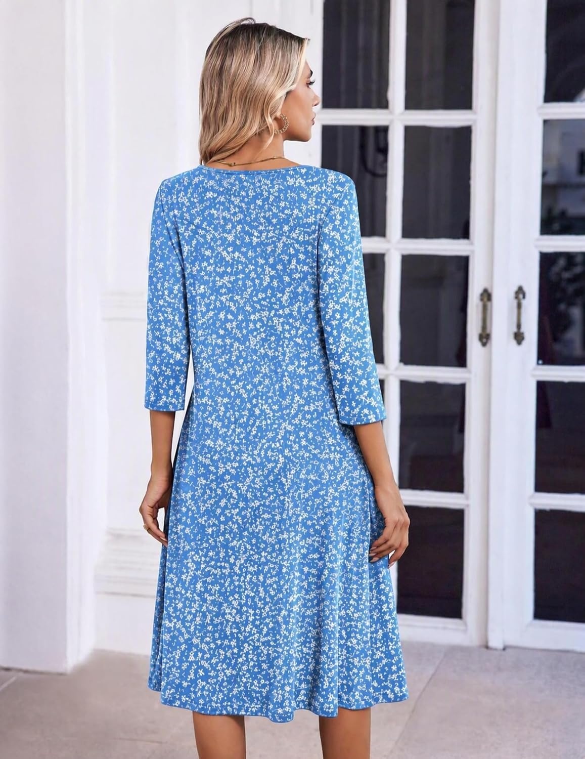 image:imageZeagoo 34 Sleeve Womens Dress Pleated Midi Casual Dresses with PocketsFlorallight Blue