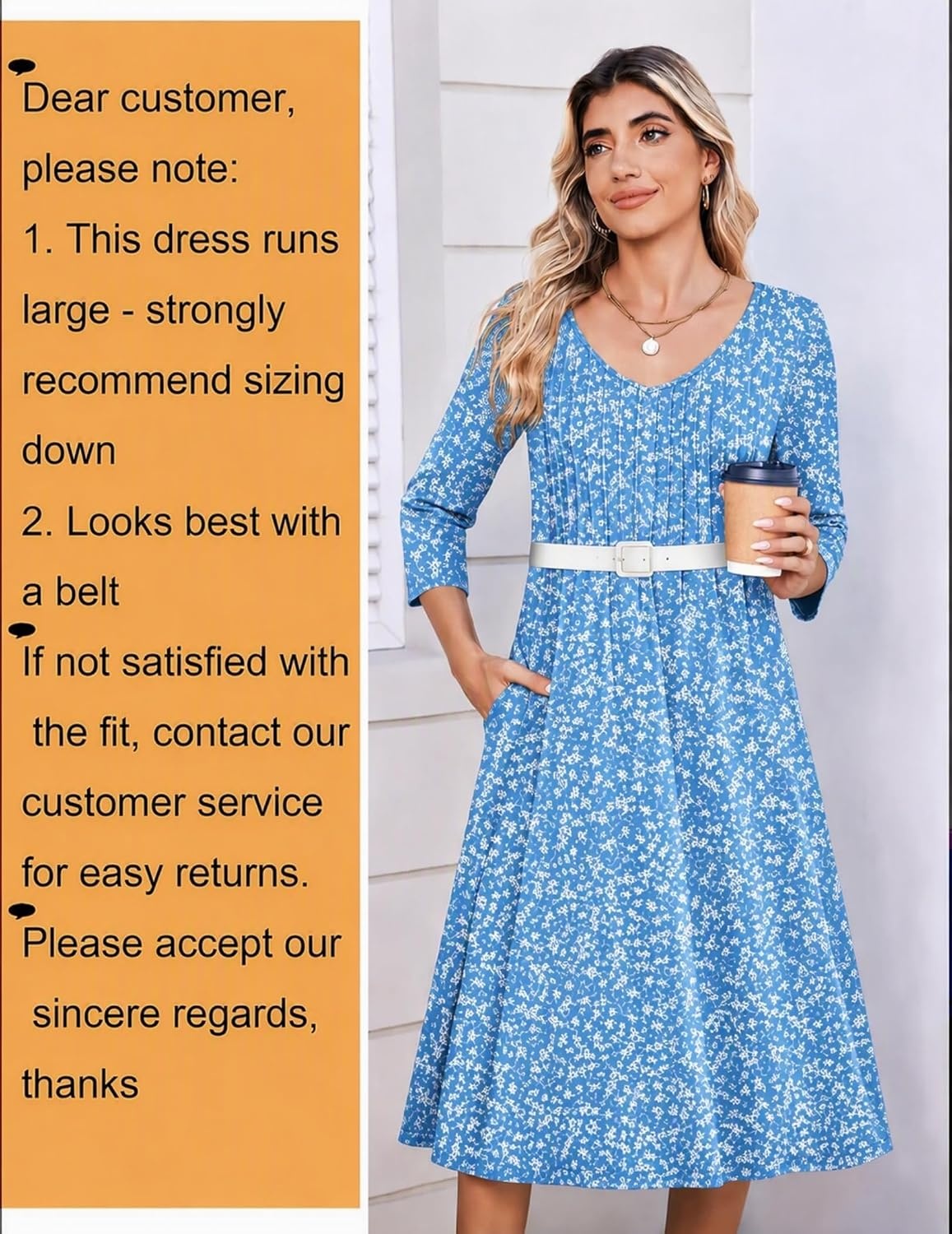 image:imageZeagoo 34 Sleeve Womens Dress Pleated Midi Casual Dresses with PocketsFlorallight Blue