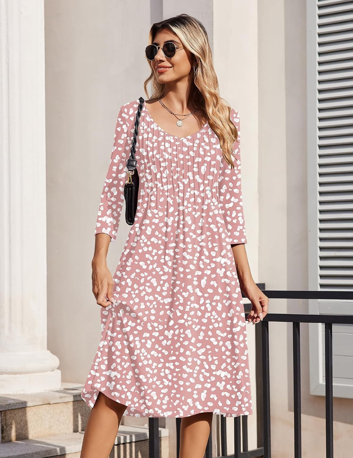 image:imageZeagoo 34 Sleeve Womens Dress Pleated Midi Casual Dresses with PocketsPink White