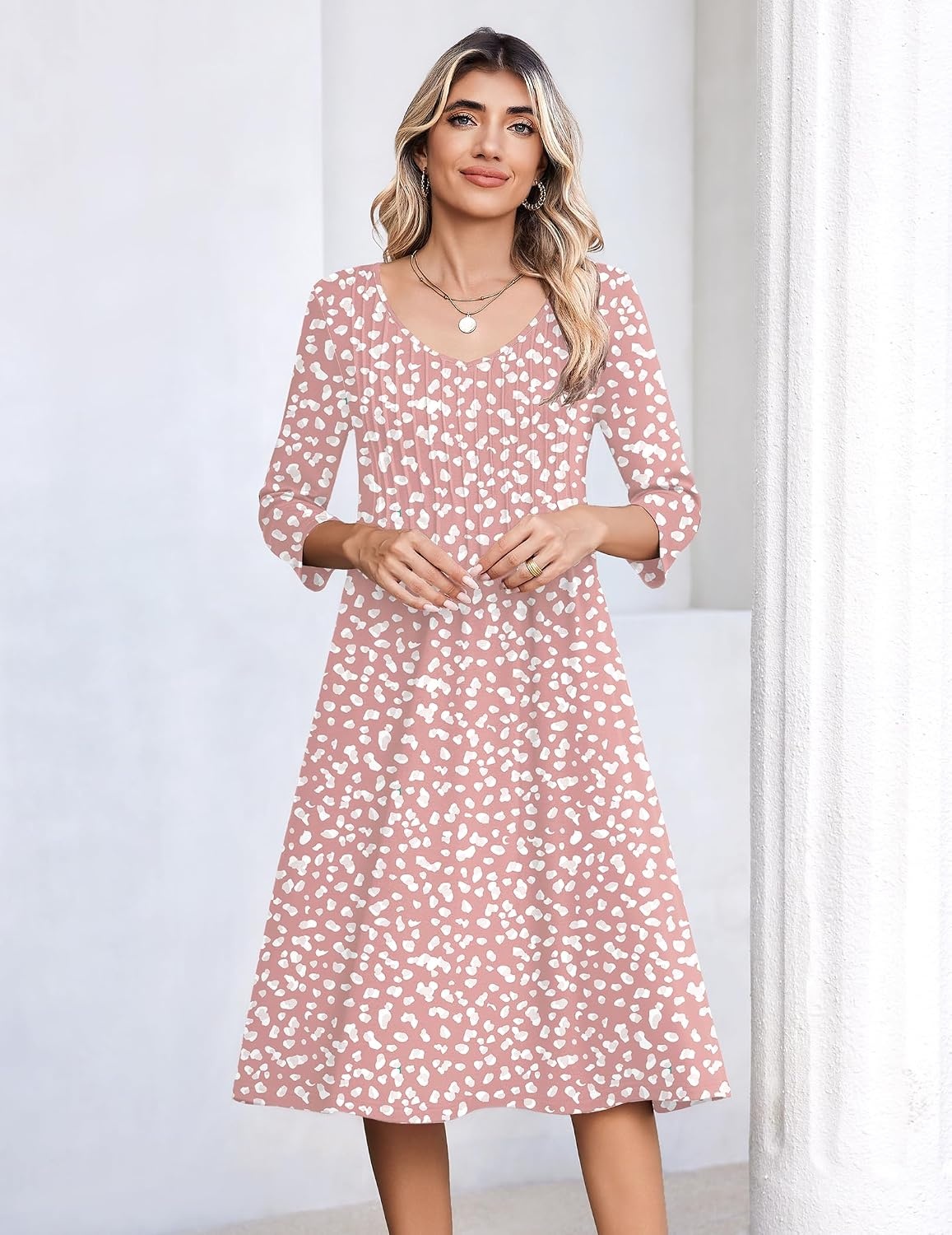 image:imageZeagoo 34 Sleeve Womens Dress Pleated Midi Casual Dresses with PocketsPink White