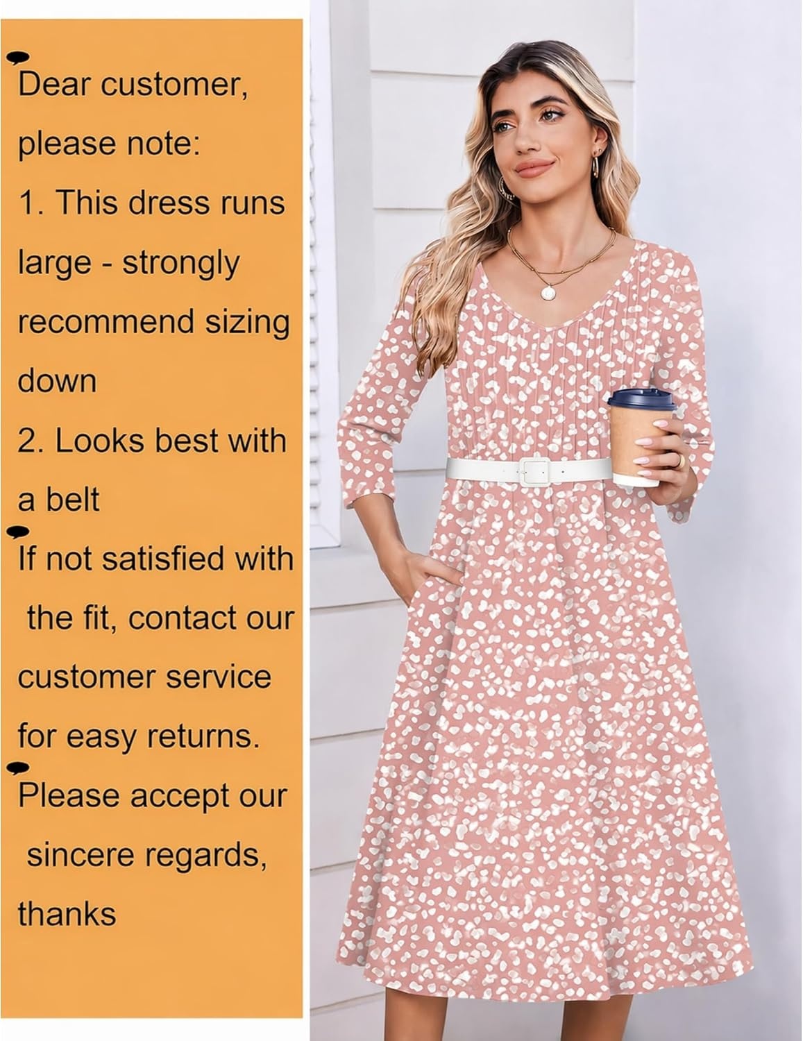 image:imageZeagoo 34 Sleeve Womens Dress Pleated Midi Casual Dresses with PocketsPink White