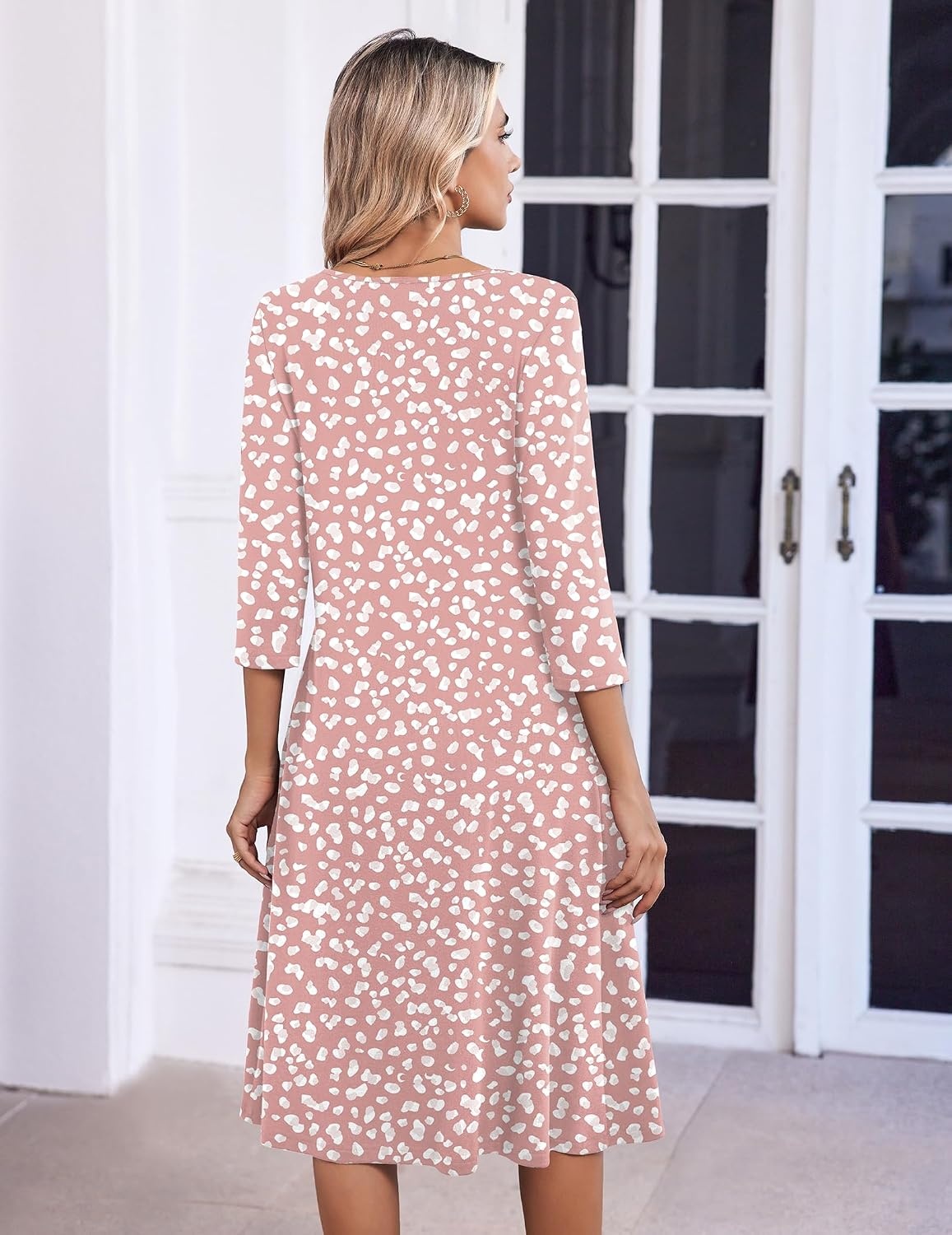 image:imageZeagoo 34 Sleeve Womens Dress Pleated Midi Casual Dresses with PocketsPink White
