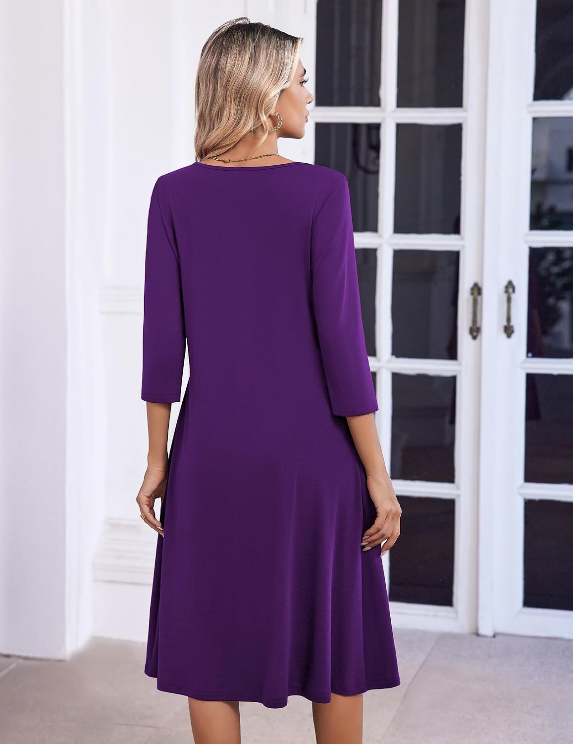 image:imageZeagoo 34 Sleeve Womens Dress Pleated Midi Casual Dresses with PocketsPurple