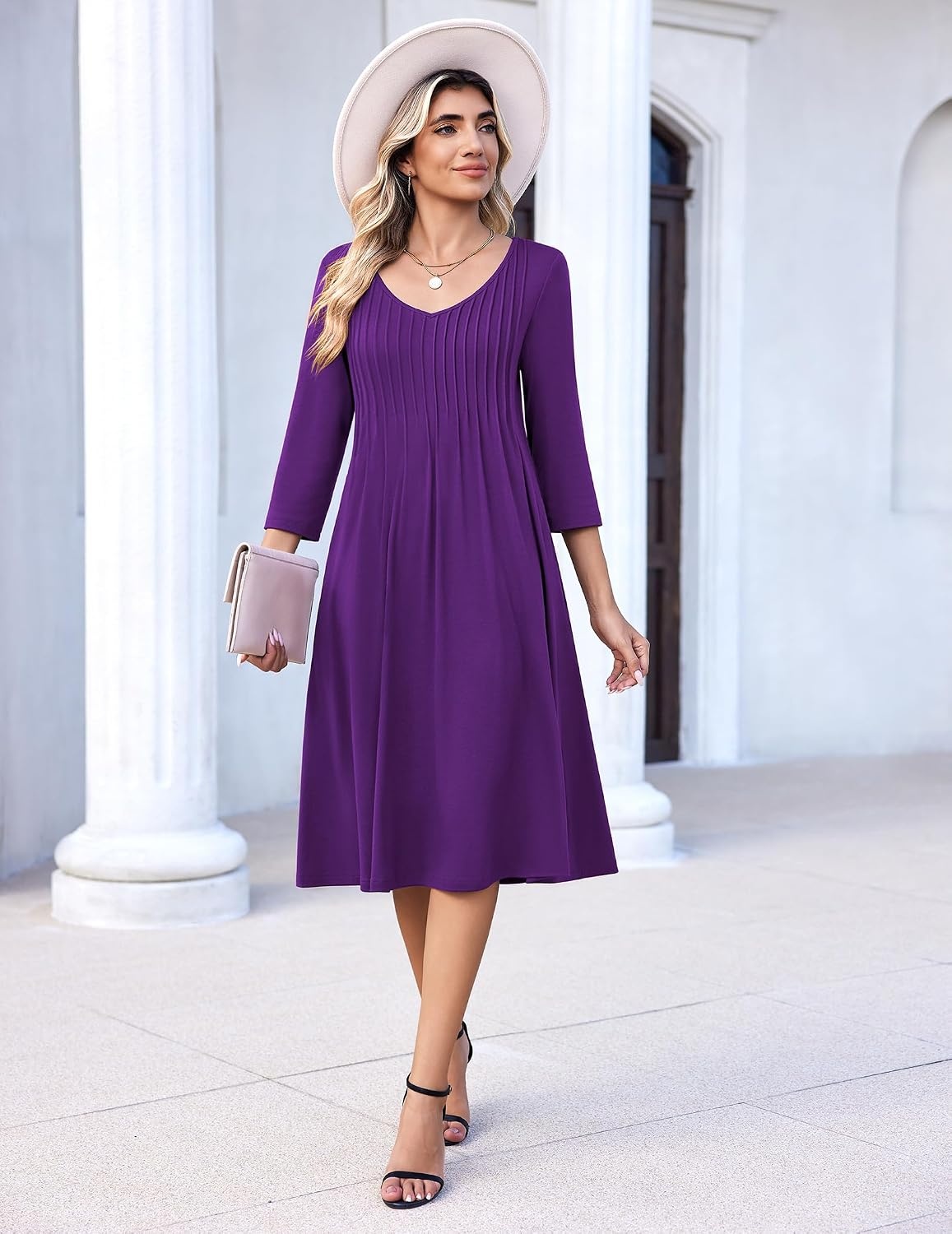 image:imageZeagoo 34 Sleeve Womens Dress Pleated Midi Casual Dresses with PocketsPurple