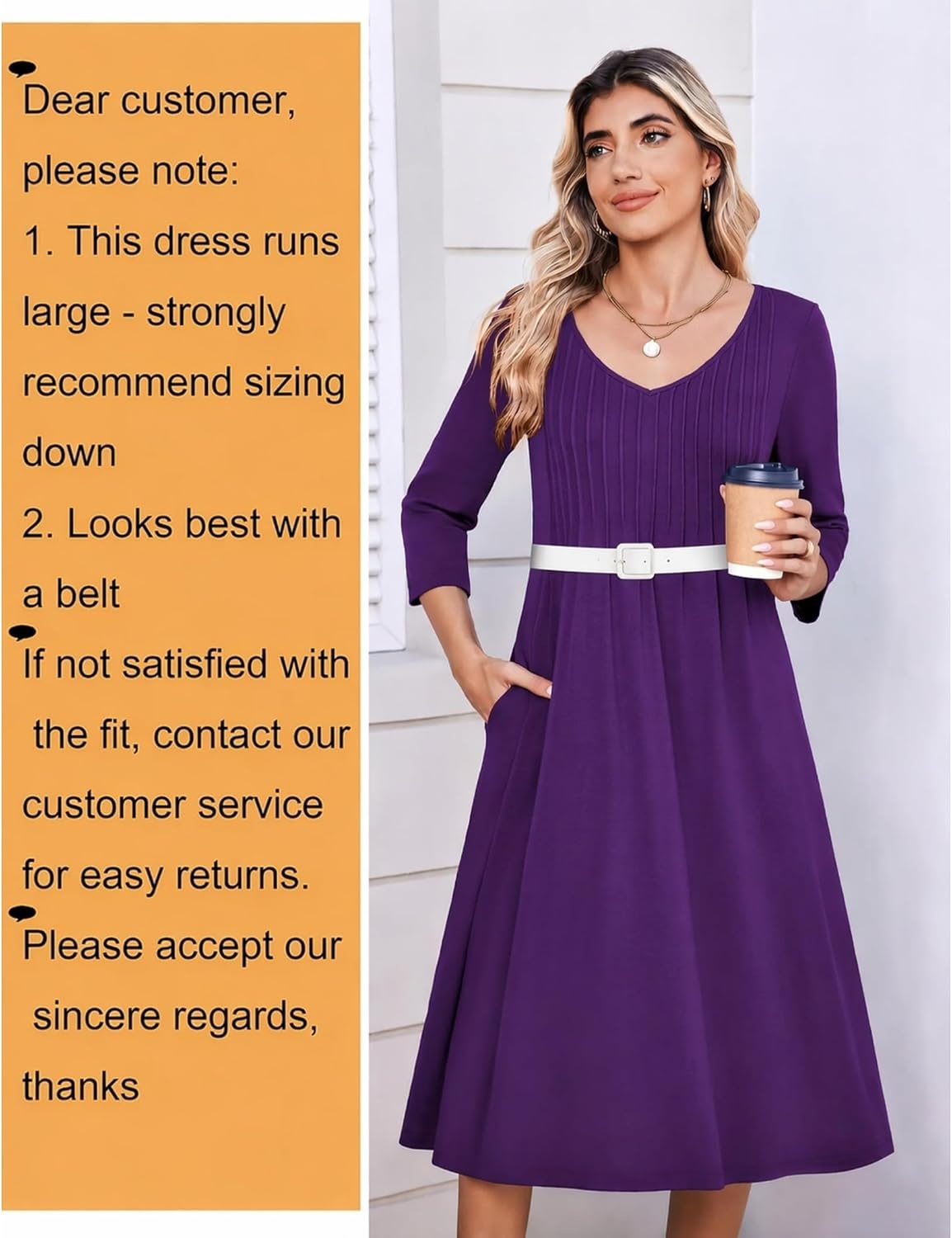 image:imageZeagoo 34 Sleeve Womens Dress Pleated Midi Casual Dresses with PocketsPurple