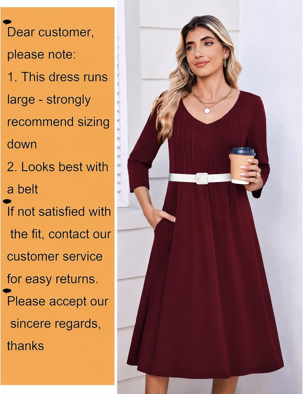 image:imageZeagoo 34 Sleeve Womens Dress Pleated Midi Casual Dresses with PocketsRed