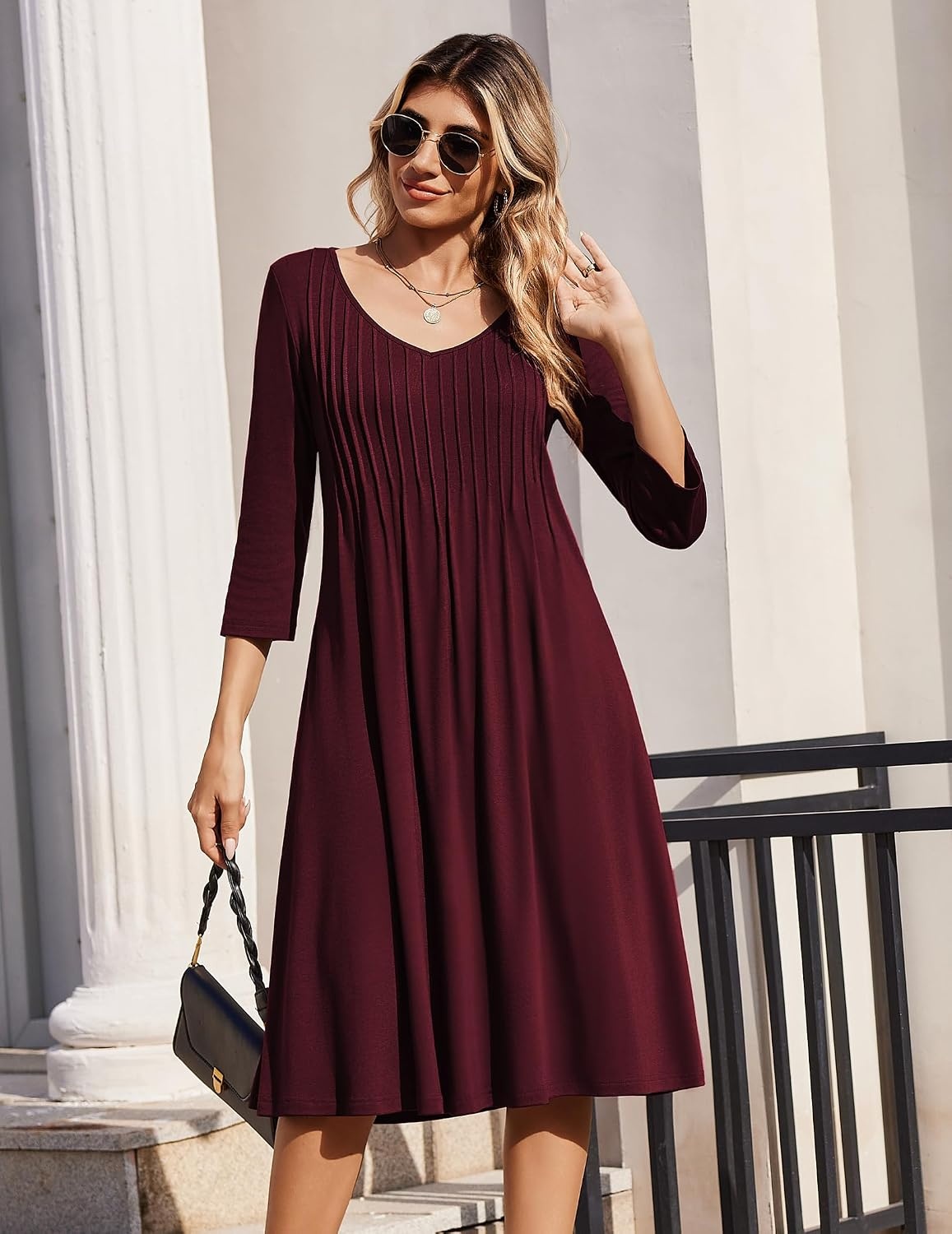 image:imageZeagoo 34 Sleeve Womens Dress Pleated Midi Casual Dresses with PocketsRed