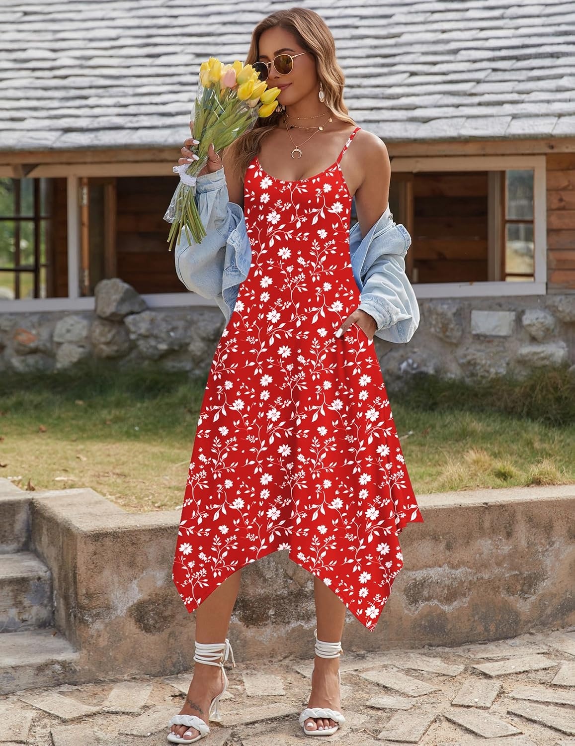 image:imageZeagoo 34 Sleeve Womens Dress Pleated Midi Casual Dresses with PocketsRed White Flowers