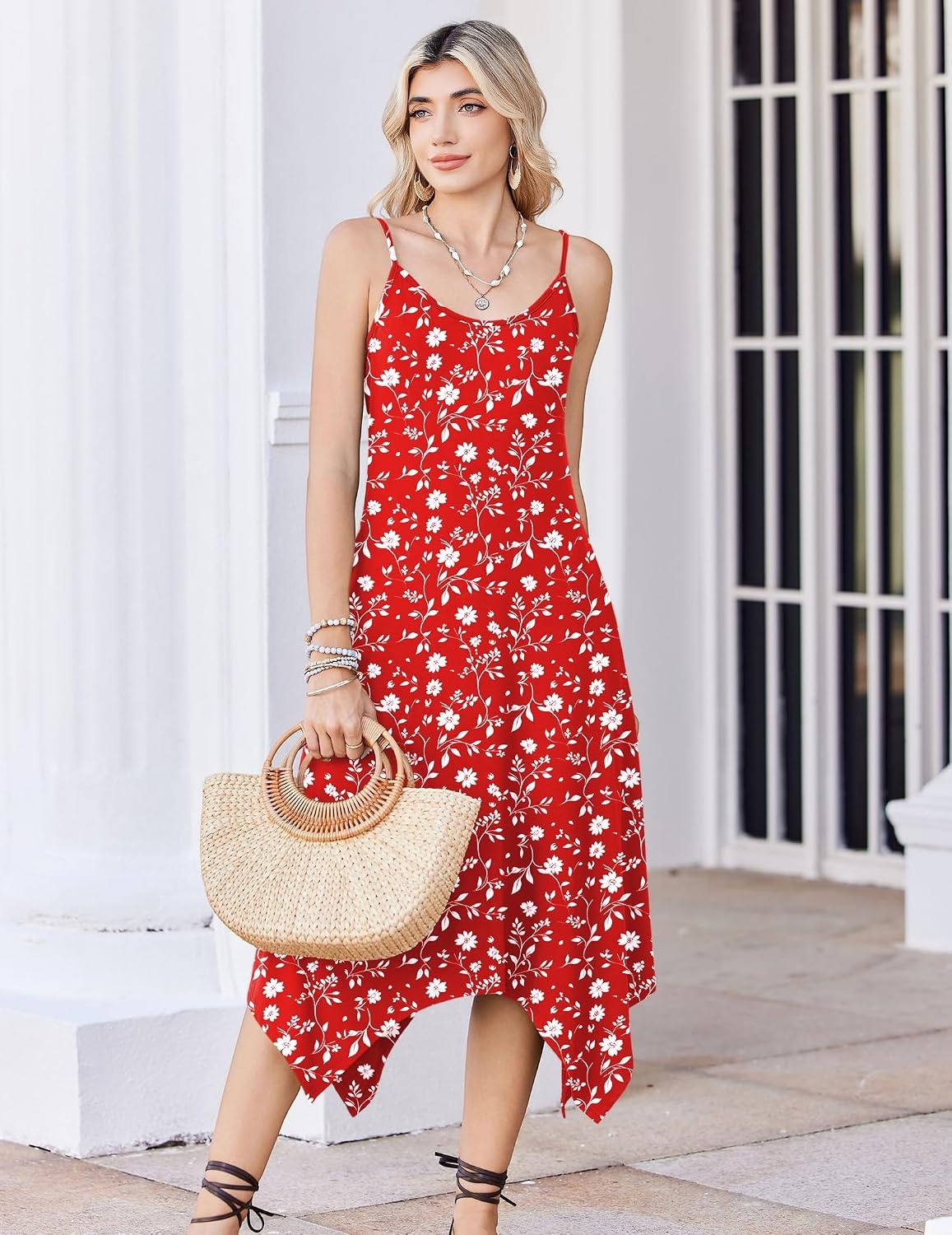 image:imageZeagoo 34 Sleeve Womens Dress Pleated Midi Casual Dresses with PocketsRed White Flowers