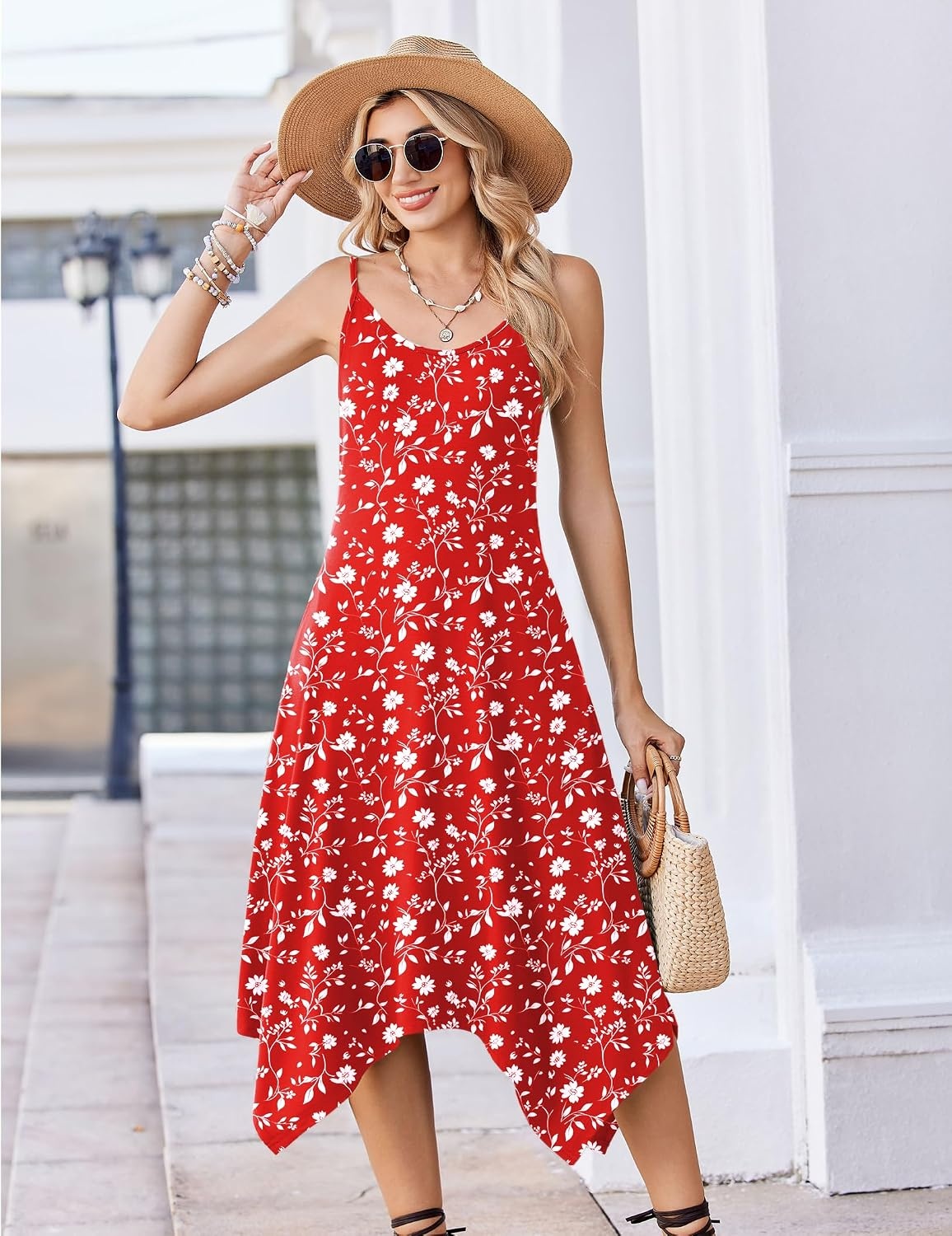 image:imageZeagoo 34 Sleeve Womens Dress Pleated Midi Casual Dresses with PocketsRed White Flowers