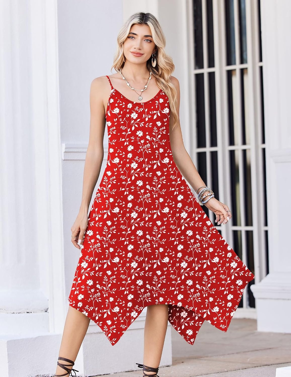 image:imageZeagoo 34 Sleeve Womens Dress Pleated Midi Casual Dresses with PocketsRed White Flowers