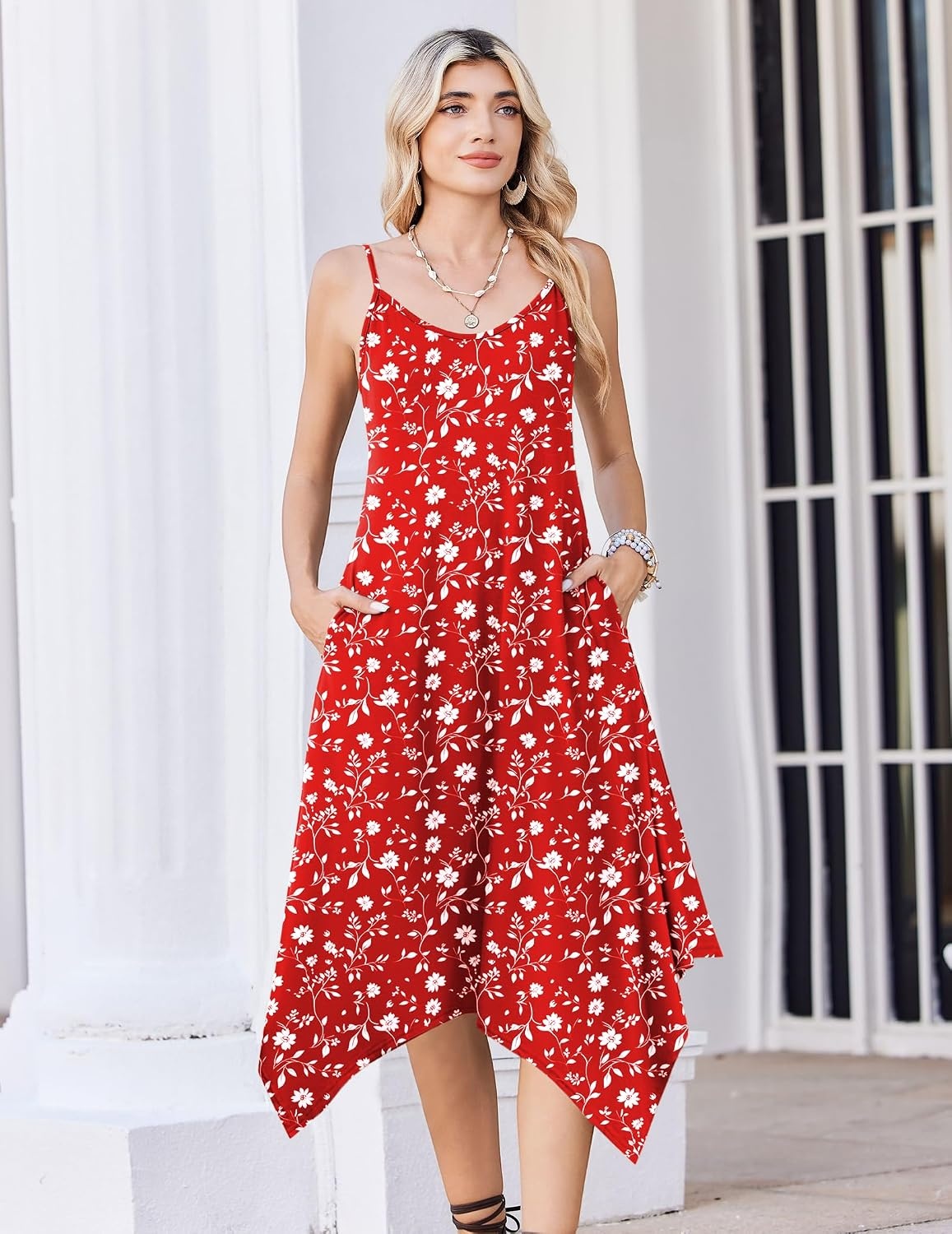 image:imageZeagoo 34 Sleeve Womens Dress Pleated Midi Casual Dresses with PocketsRed White Flowers