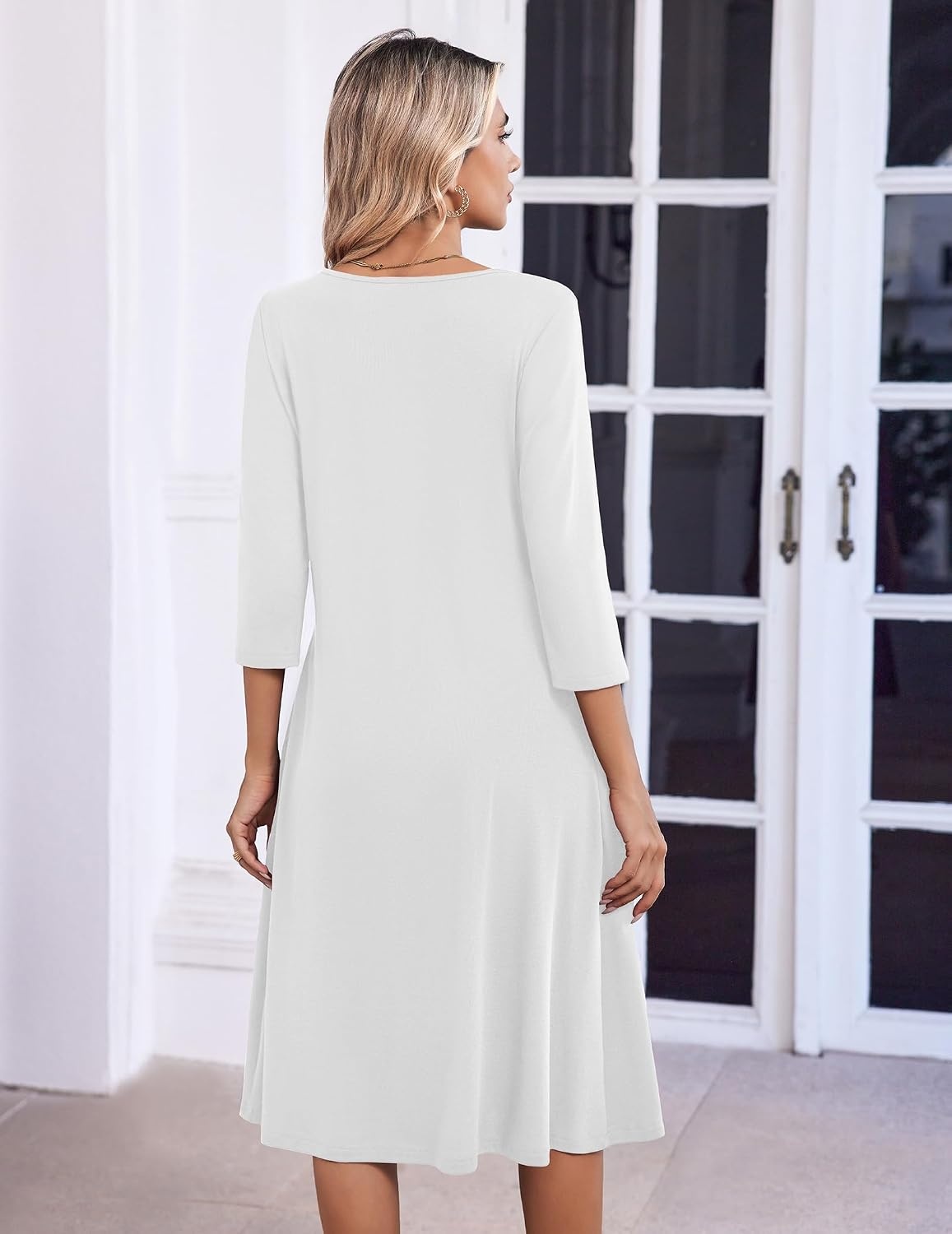 image:imageZeagoo 34 Sleeve Womens Dress Pleated Midi Casual Dresses with PocketsWhite