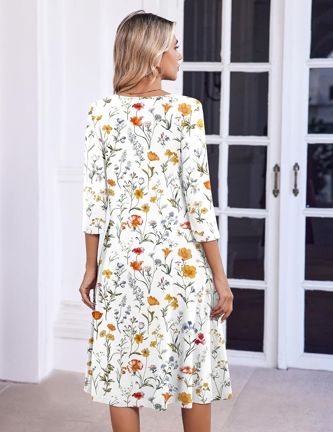 image:imageZeagoo 34 Sleeve Womens Dress Pleated Midi Casual Dresses with PocketsWhite Floral