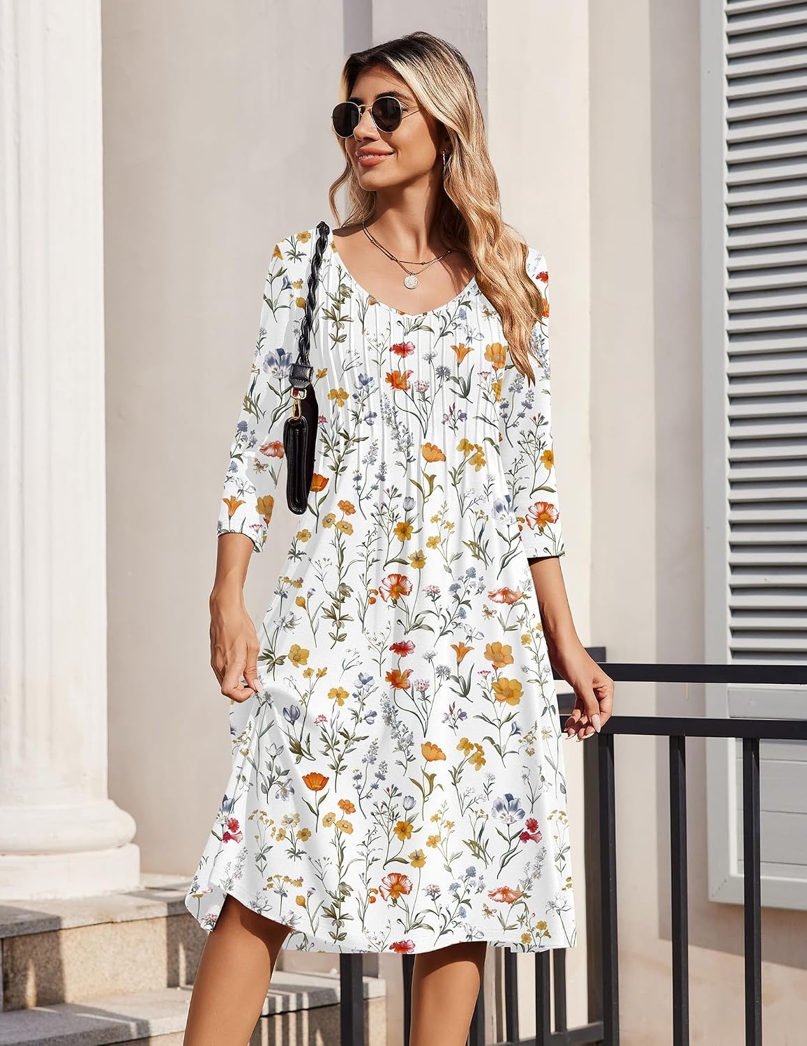 image:imageZeagoo 34 Sleeve Womens Dress Pleated Midi Casual Dresses with PocketsWhite Floral