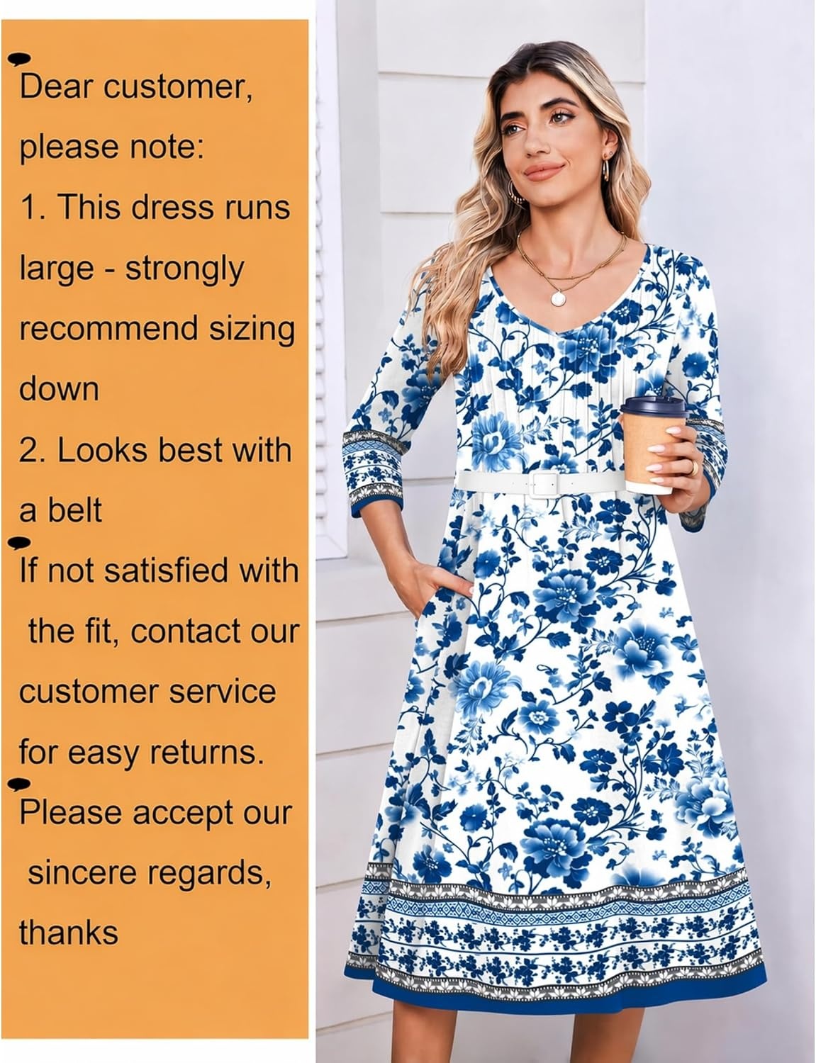 image:imageZeagoo 34 Sleeve Womens Dress Pleated Midi Casual Dresses with PocketsWhitebased Print