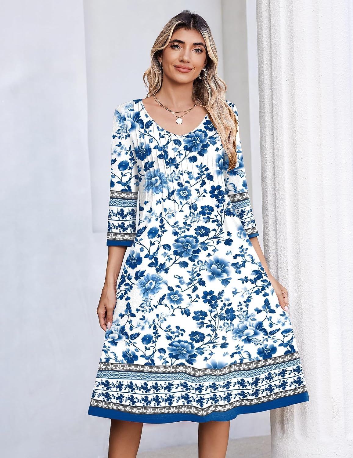 image:imageZeagoo 34 Sleeve Womens Dress Pleated Midi Casual Dresses with PocketsWhitebased Print