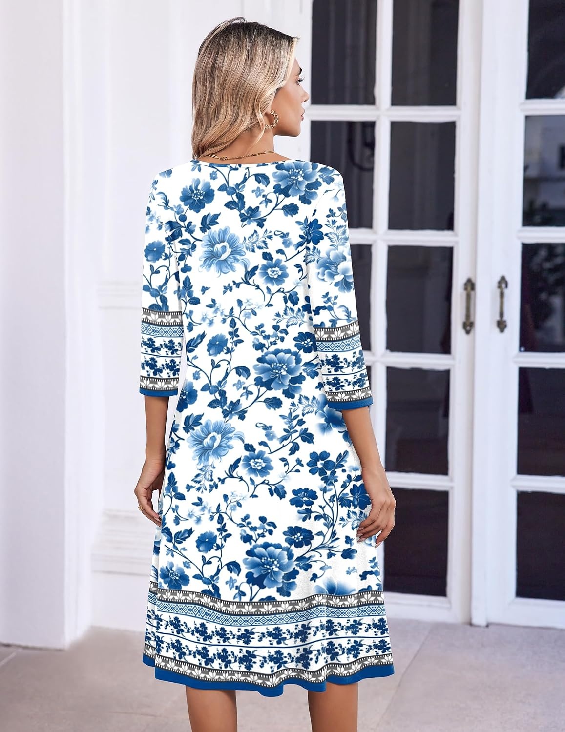 image:imageZeagoo 34 Sleeve Womens Dress Pleated Midi Casual Dresses with PocketsWhitebased Print