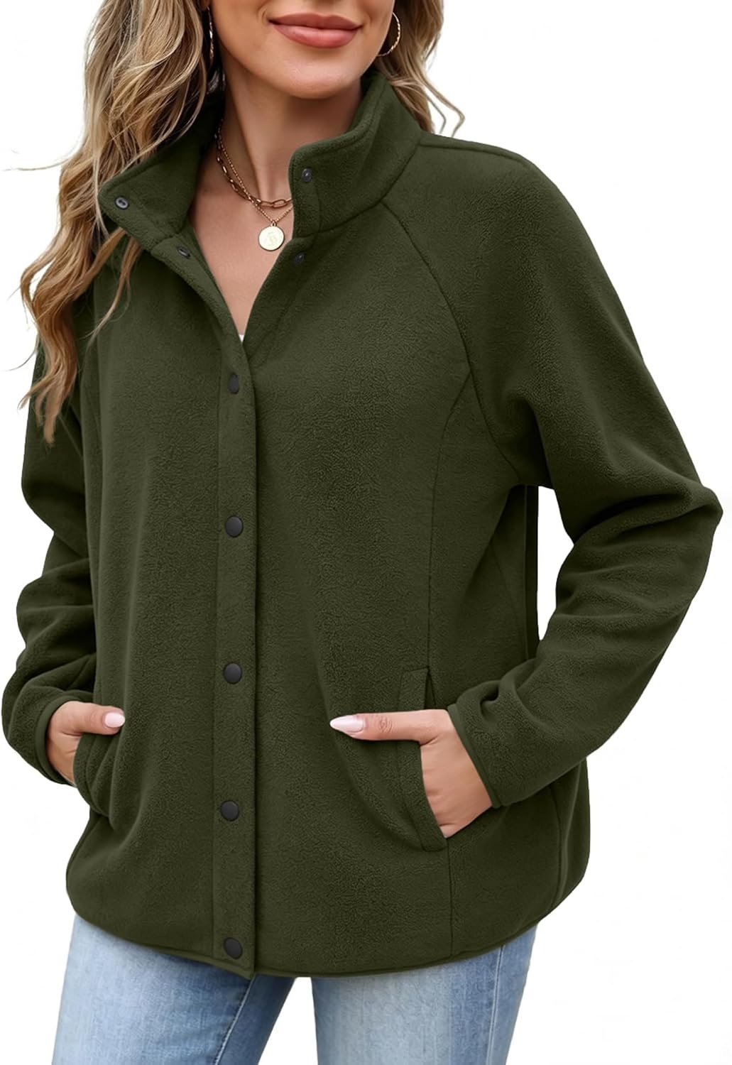 image:imageZeagoo Fleece Jackets for Women Fall Clothe Button Winter Coat with PocketsArmy Green