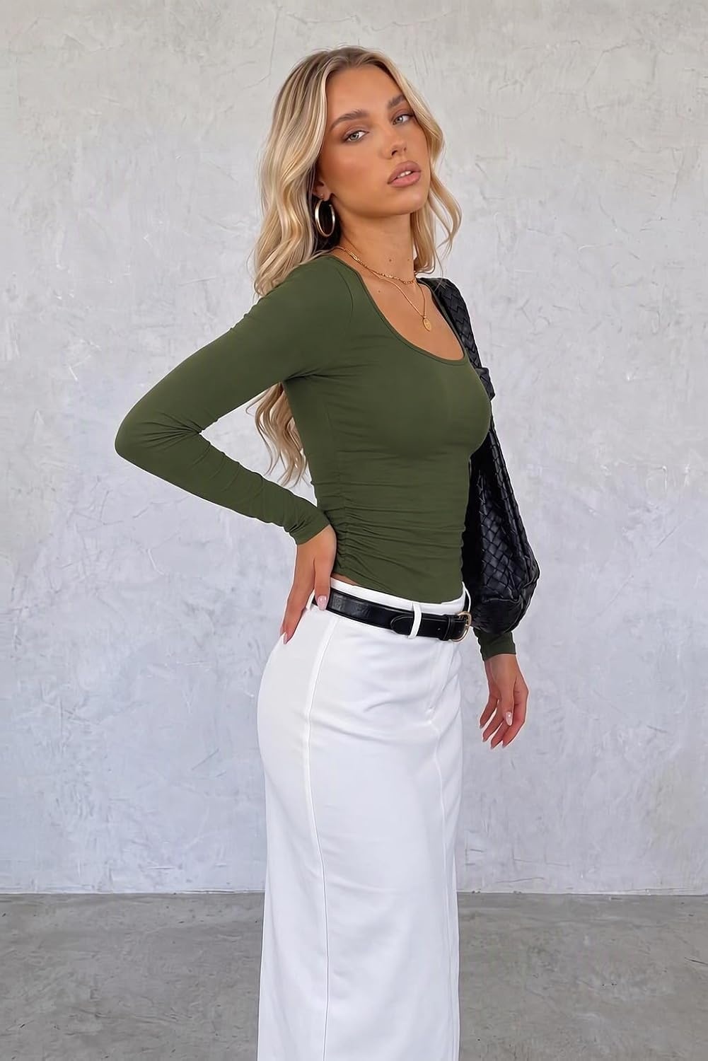 image:imageZeagoo Long Sleeve Shirts for Women Going Out Tops Fall Scoop Neck TshirtsArmy Green