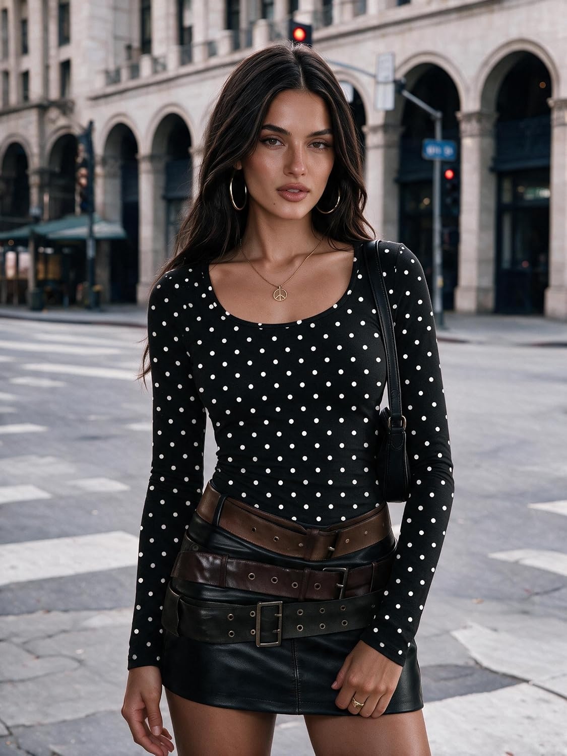 image:imageZeagoo Long Sleeve Shirts for Women Going Out Tops Fall Scoop Neck TshirtsPolka Dot