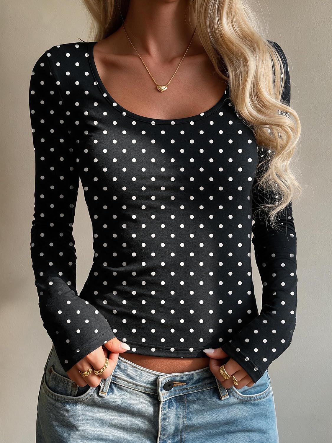 image:imageZeagoo Long Sleeve Shirts for Women Going Out Tops Fall Scoop Neck TshirtsPolka Dot