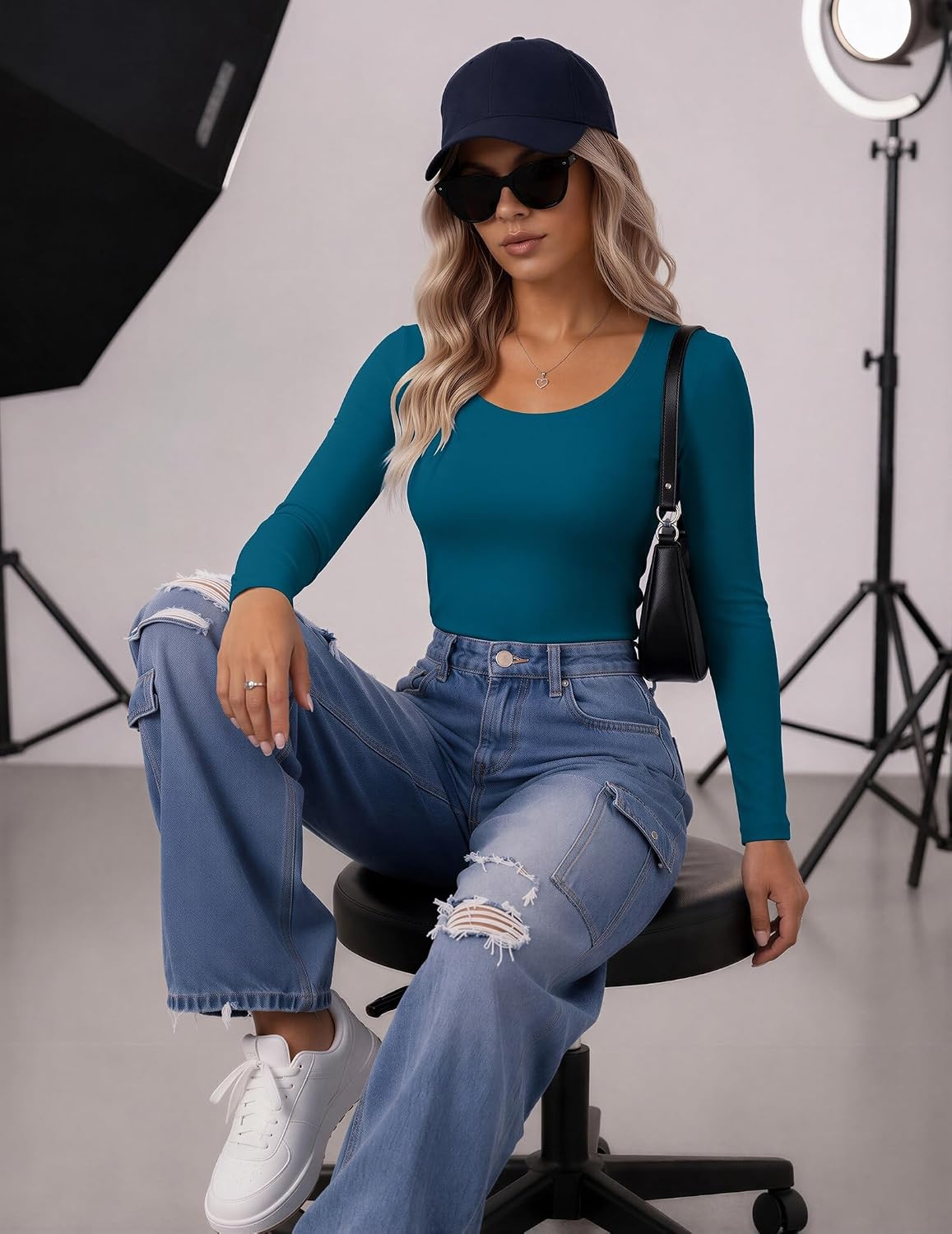 image:imageZeagoo Long Sleeve Shirts for Women Going Out Tops Fall Scoop Neck TshirtsTeal