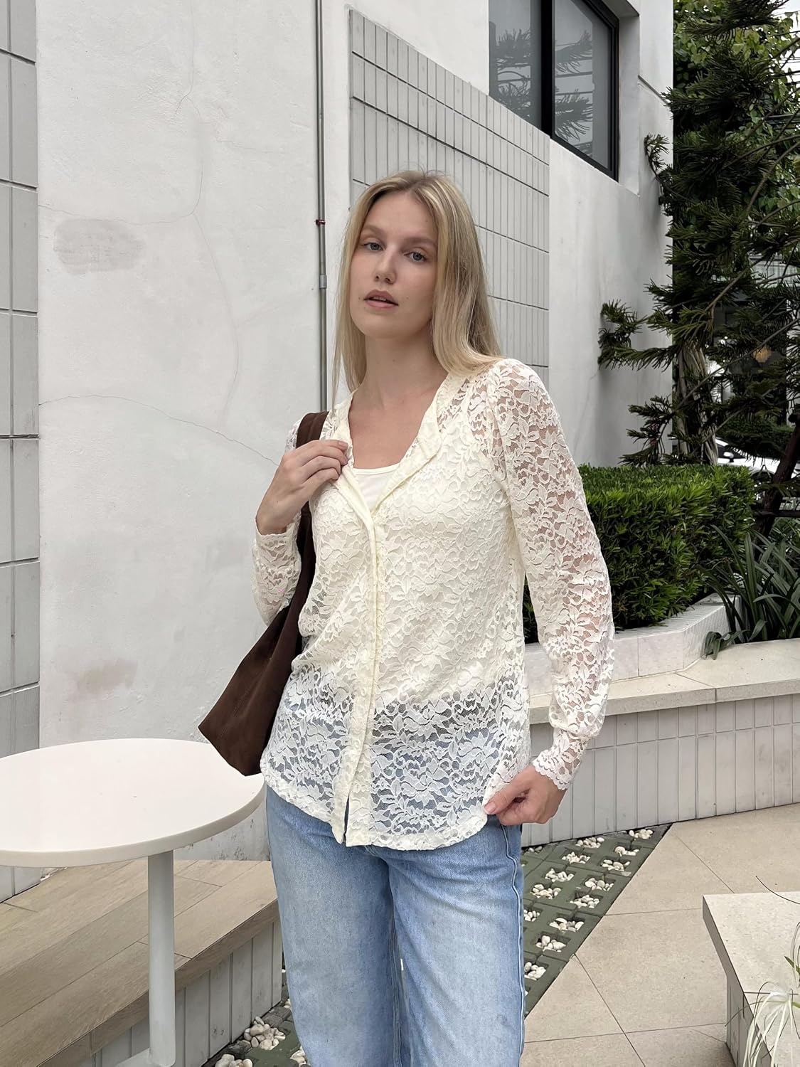 image:imageZeagoo Long Sleeve Shirts for Women Lace Top Button Up Blouse Dressy CasualBeige