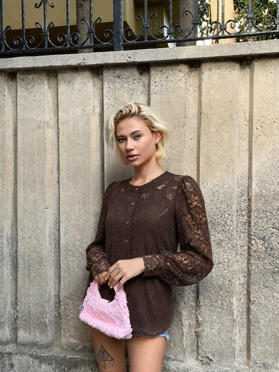 image:imageZeagoo Long Sleeve Shirts for Women Lace Top Button Up Blouse Dressy CasualBrown