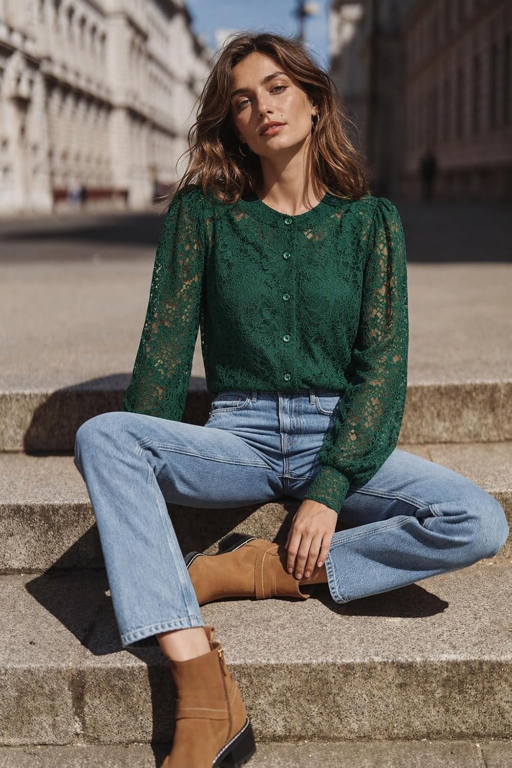 image:imageZeagoo Long Sleeve Shirts for Women Lace Top Button Up Blouse Dressy CasualGreen