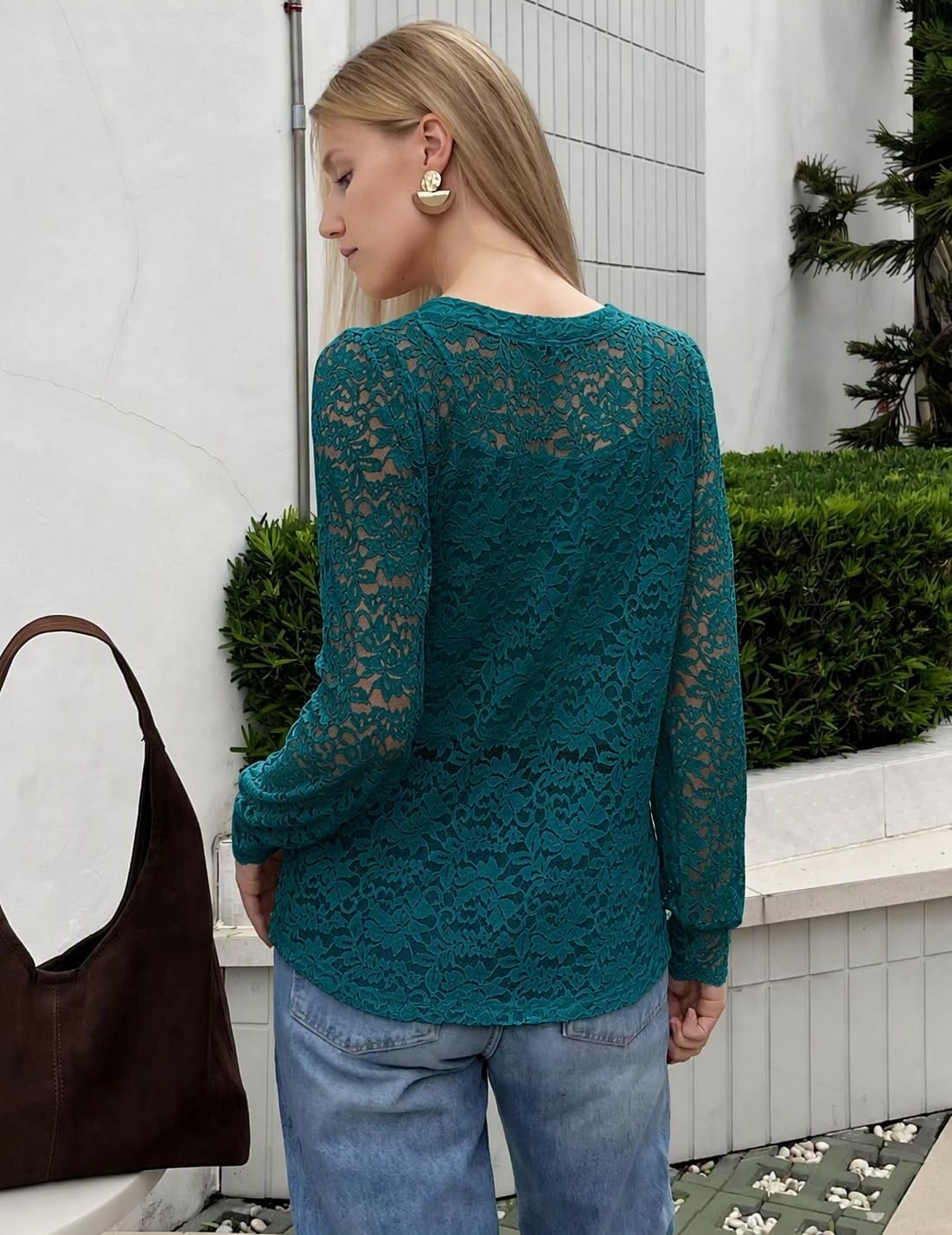image:imageZeagoo Long Sleeve Shirts for Women Lace Top Button Up Blouse Dressy CasualLake Blue