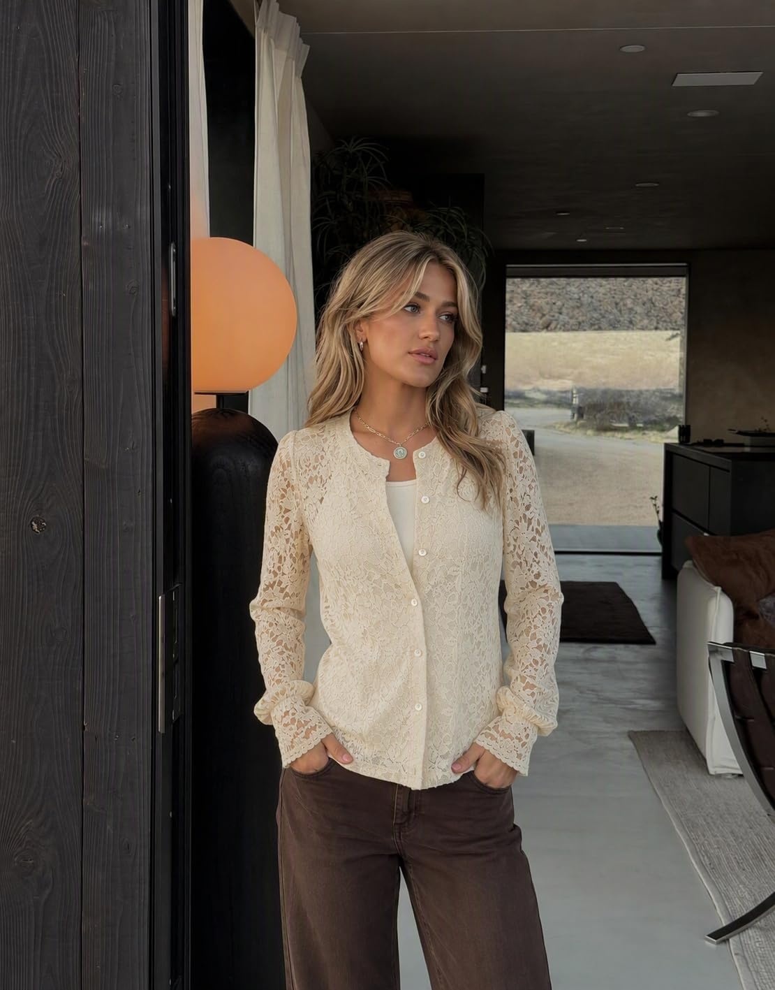 image:imageZeagoo Long Sleeve Shirts for Women Lace Top Button Up Blouse Dressy CasualLight Khaki