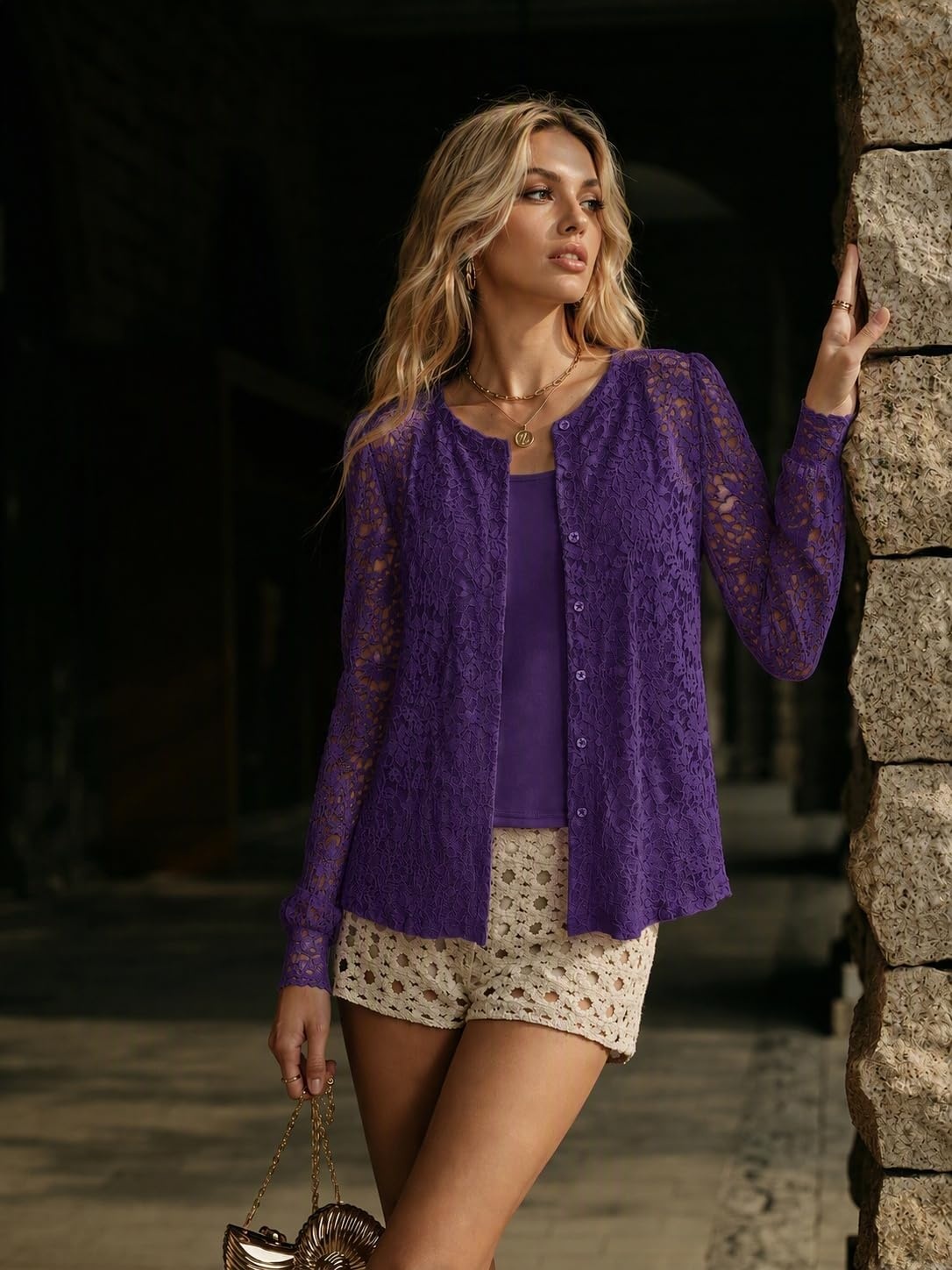 image:imageZeagoo Long Sleeve Shirts for Women Lace Top Button Up Blouse Dressy CasualPurple