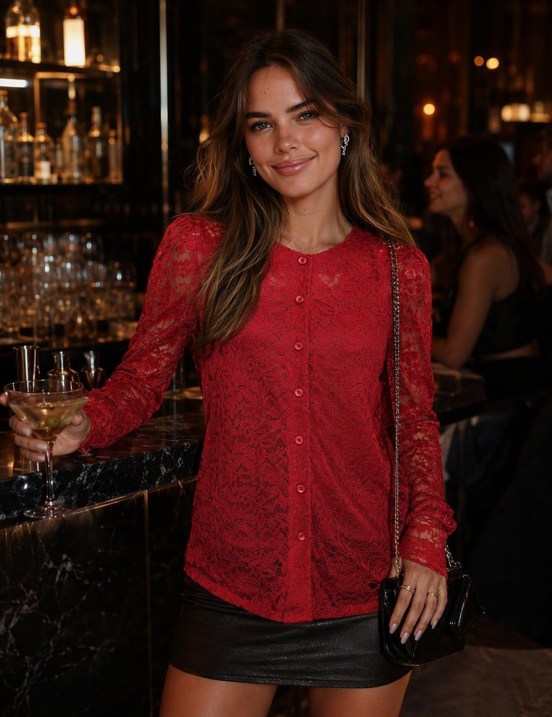 image:imageZeagoo Long Sleeve Shirts for Women Lace Top Button Up Blouse Dressy CasualRed