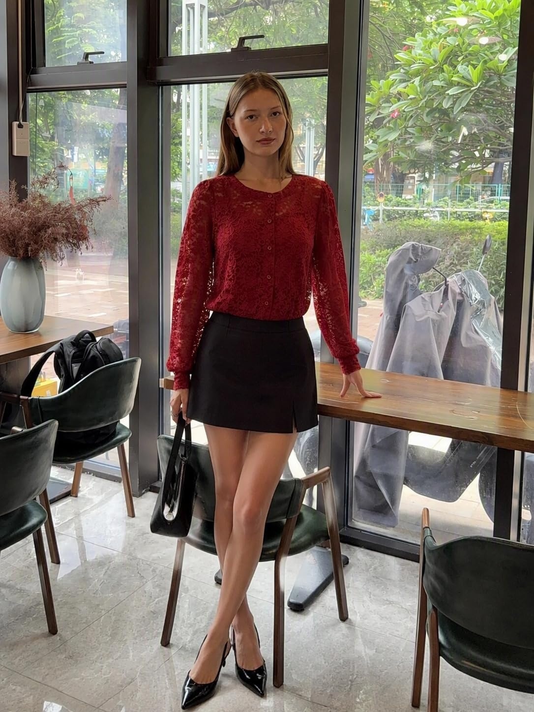 image:imageZeagoo Long Sleeve Shirts for Women Lace Top Button Up Blouse Dressy CasualWine Red