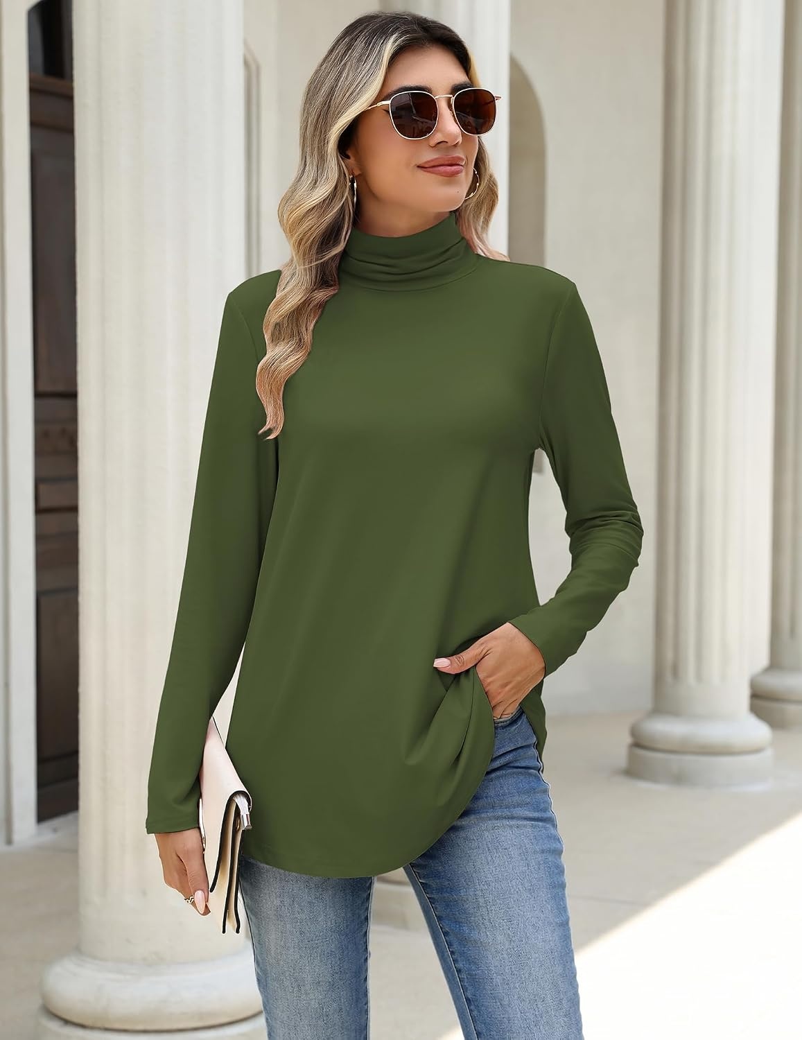 image:imageZeagoo Long Sleeve Shirts for Women Turtleneck Work Casual Tunic TopsArmy Green