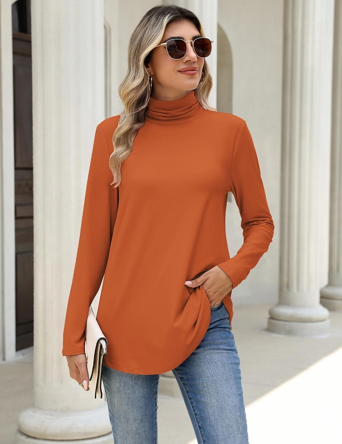 image:imageZeagoo Long Sleeve Shirts for Women Turtleneck Work Casual Tunic TopsCaramel