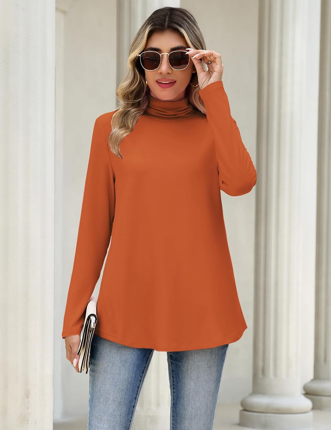 image:imageZeagoo Long Sleeve Shirts for Women Turtleneck Work Casual Tunic TopsCaramel