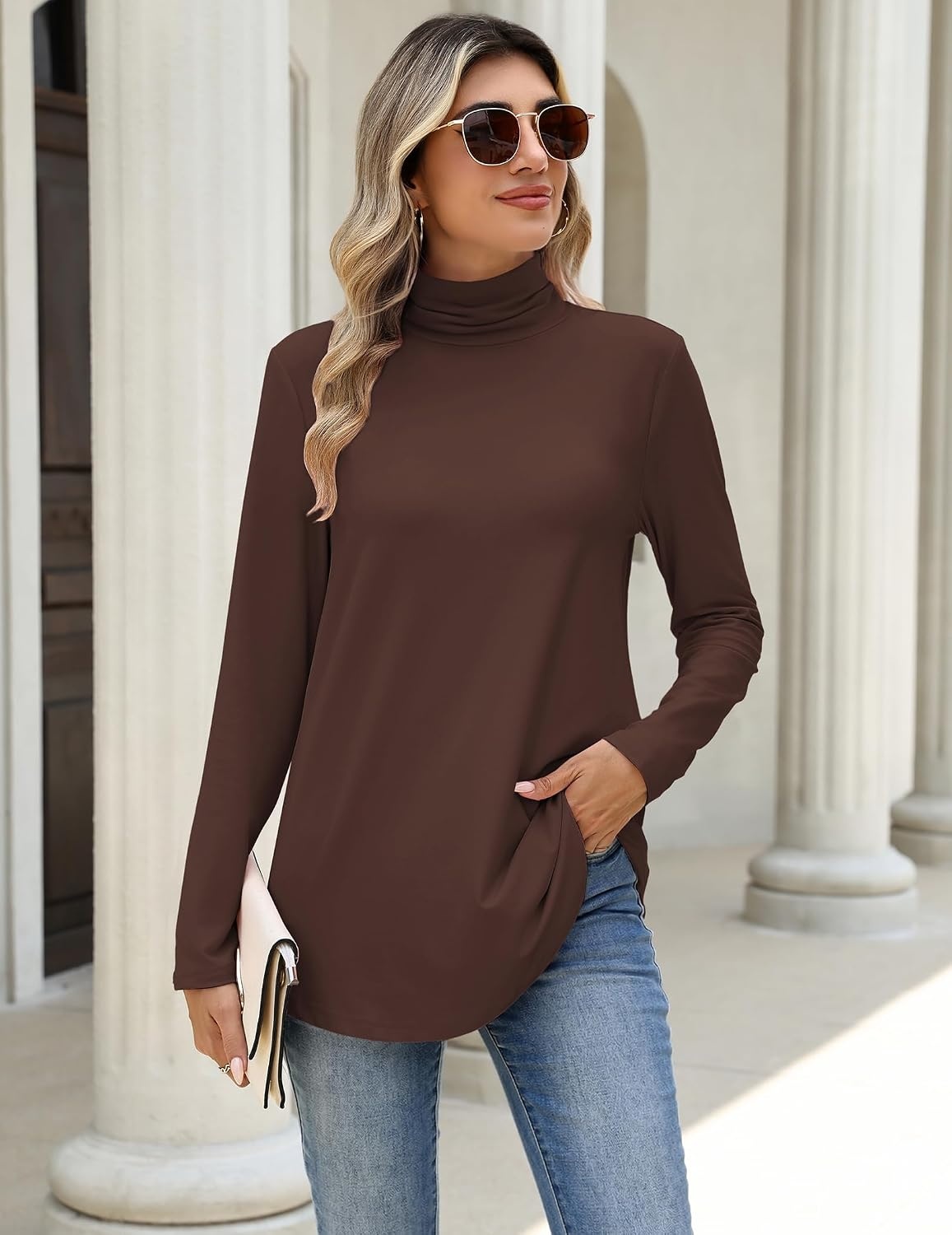 image:imageZeagoo Long Sleeve Shirts for Women Turtleneck Work Casual Tunic TopsCoffee