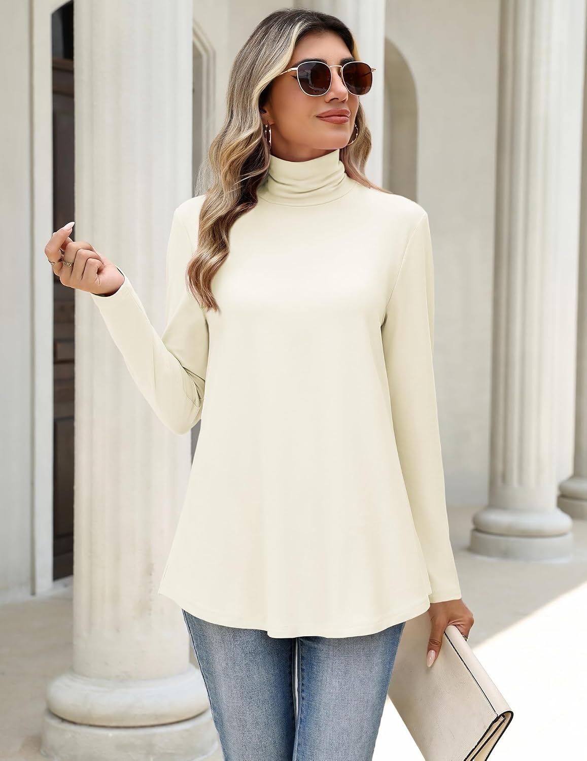 image:imageZeagoo Long Sleeve Shirts for Women Turtleneck Work Casual Tunic TopsCream