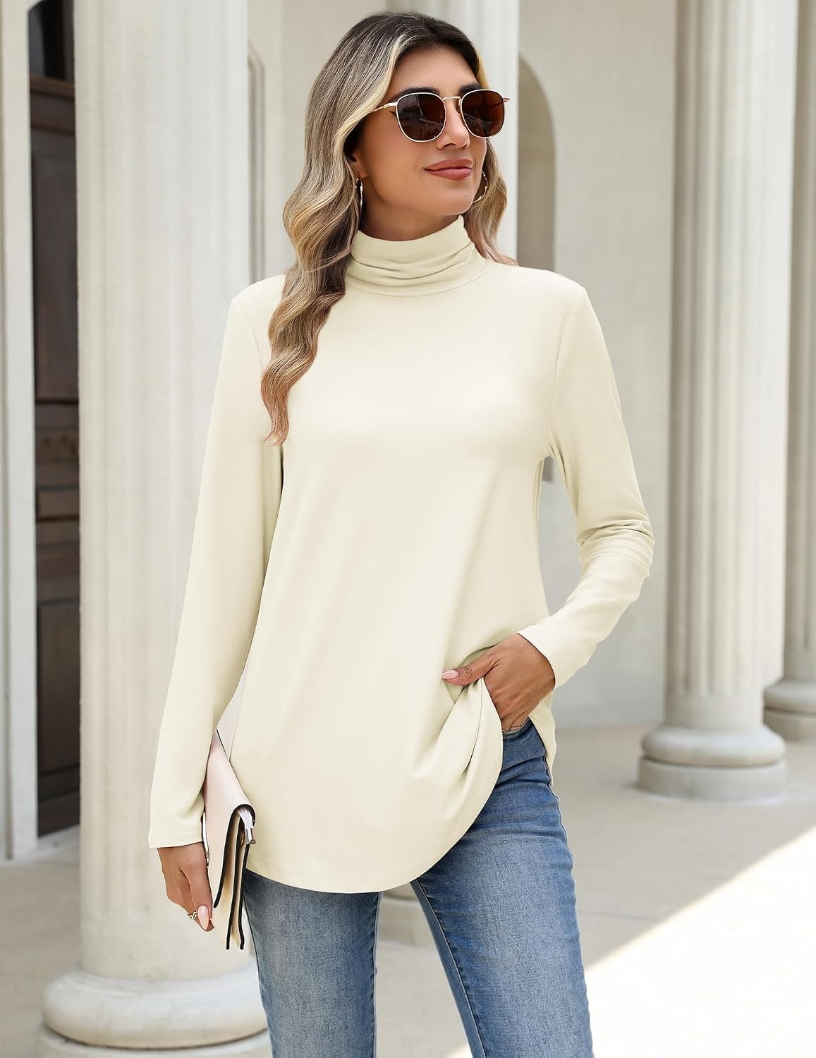 image:imageZeagoo Long Sleeve Shirts for Women Turtleneck Work Casual Tunic TopsCream
