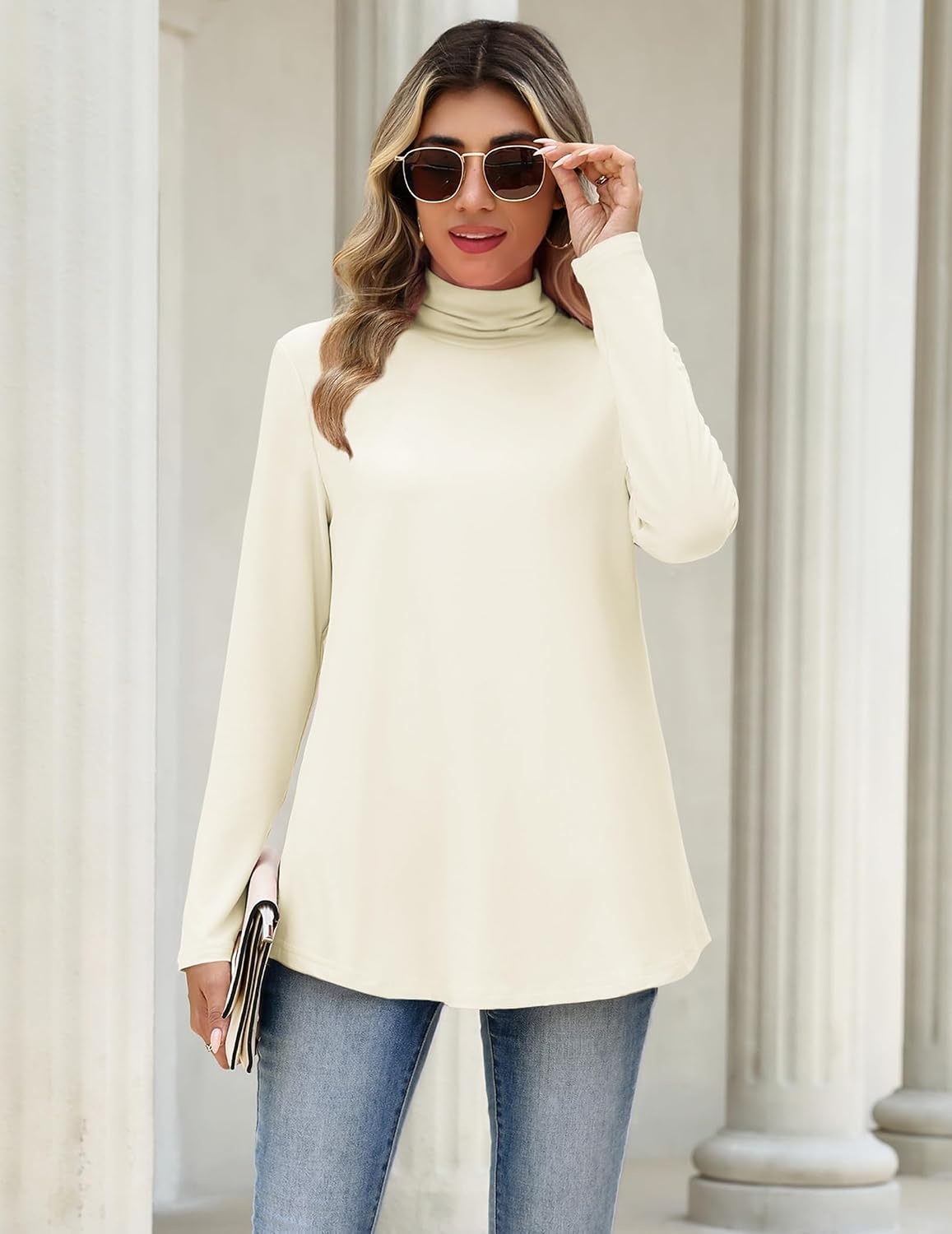 image:imageZeagoo Long Sleeve Shirts for Women Turtleneck Work Casual Tunic TopsCream