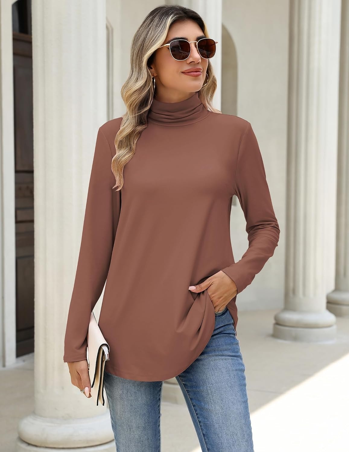 image:imageZeagoo Long Sleeve Shirts for Women Turtleneck Work Casual Tunic TopsKhaki