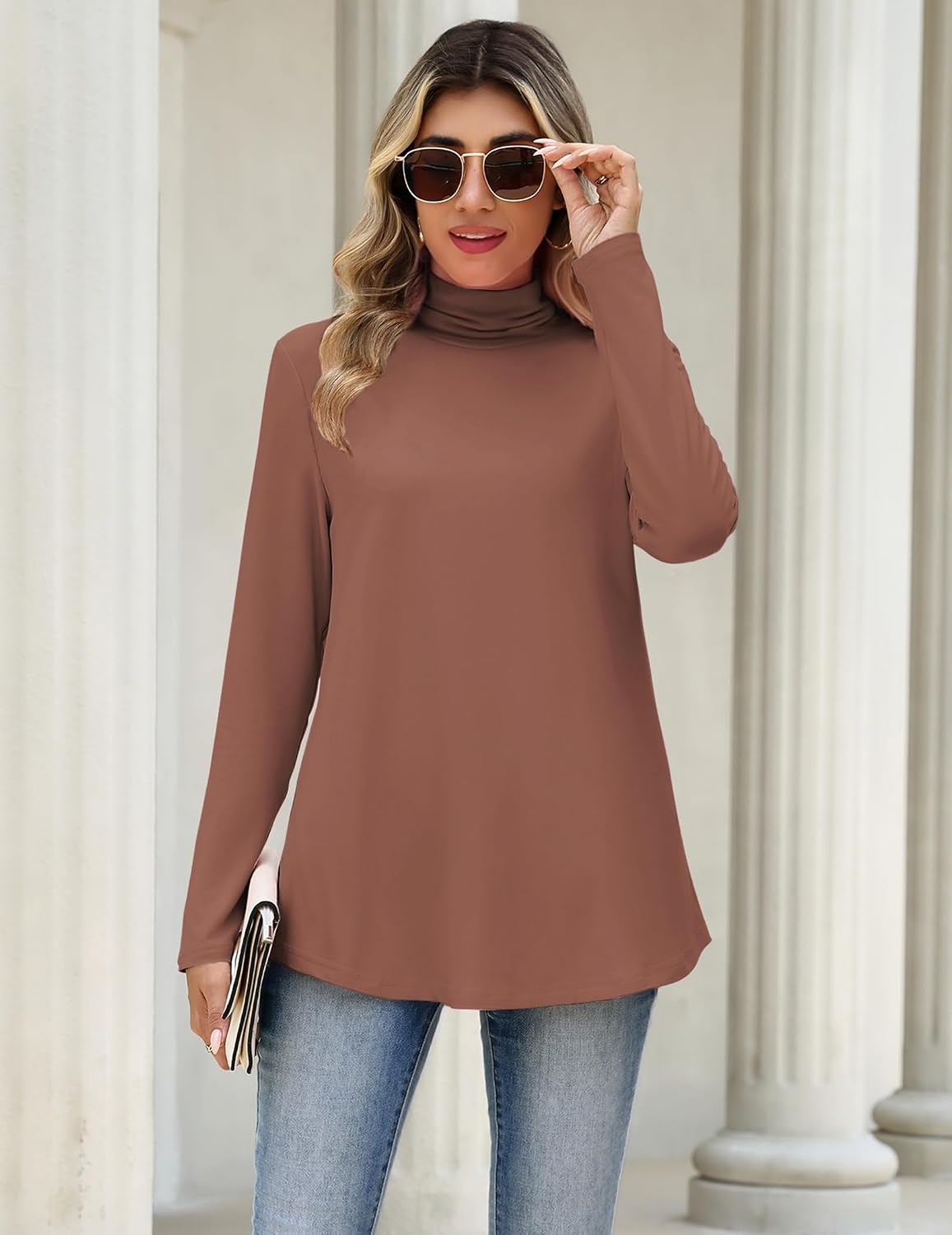 image:imageZeagoo Long Sleeve Shirts for Women Turtleneck Work Casual Tunic TopsKhaki