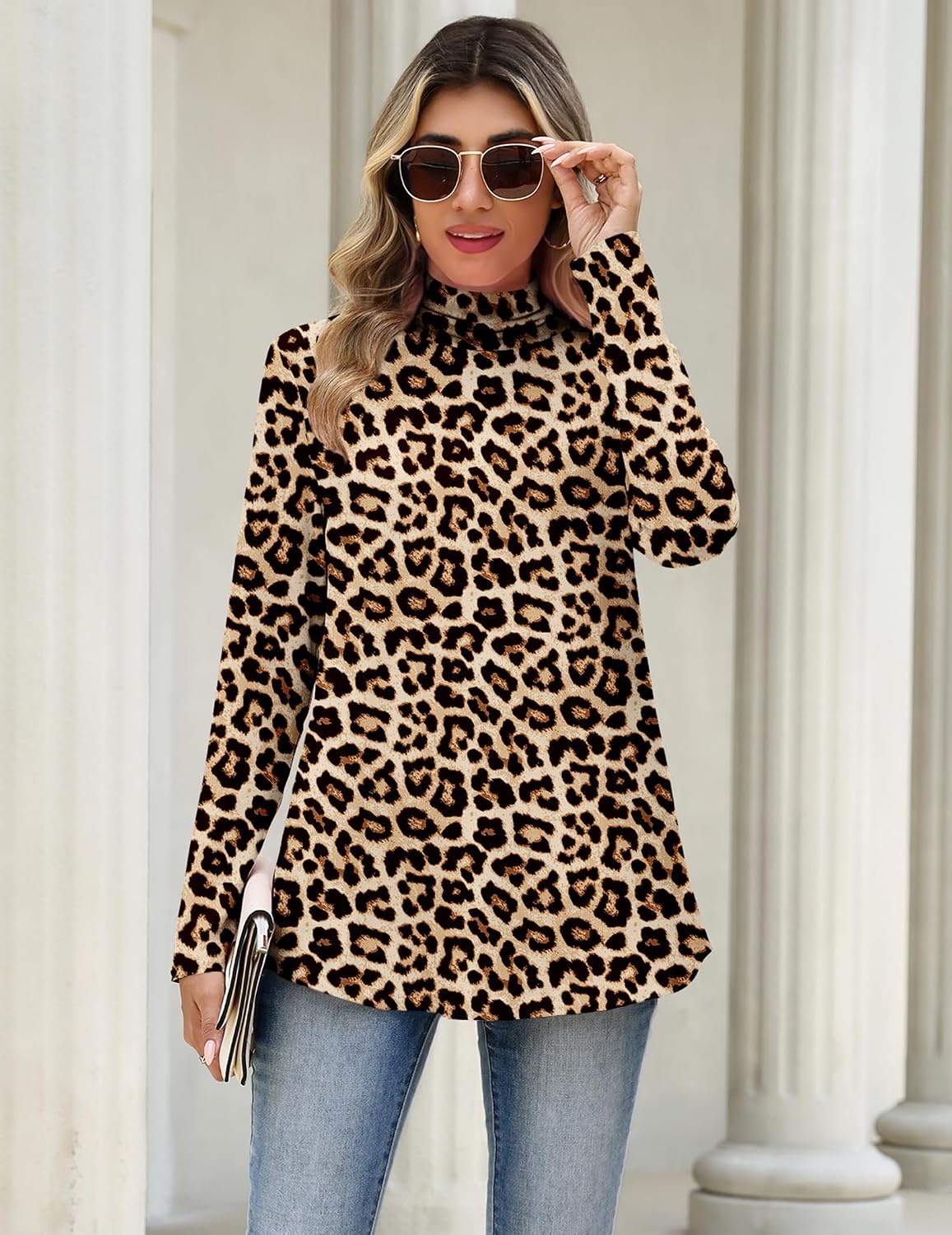 image:imageZeagoo Long Sleeve Shirts for Women Turtleneck Work Casual Tunic TopsLeopard Printpa222